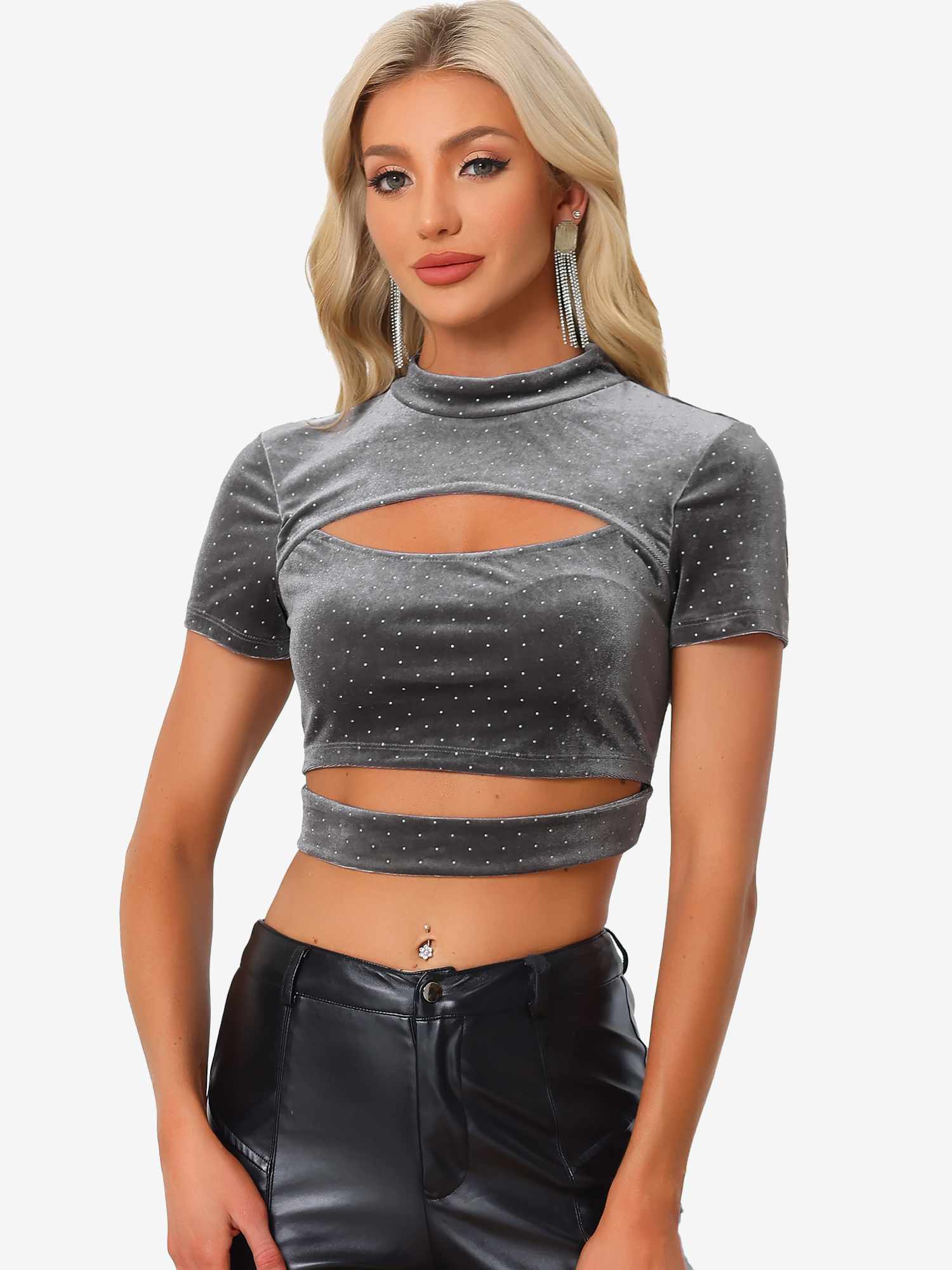 Cut Out Top Glitter Sparkle Velvet Short Sleeve Fitted Crop Tops Grey/S