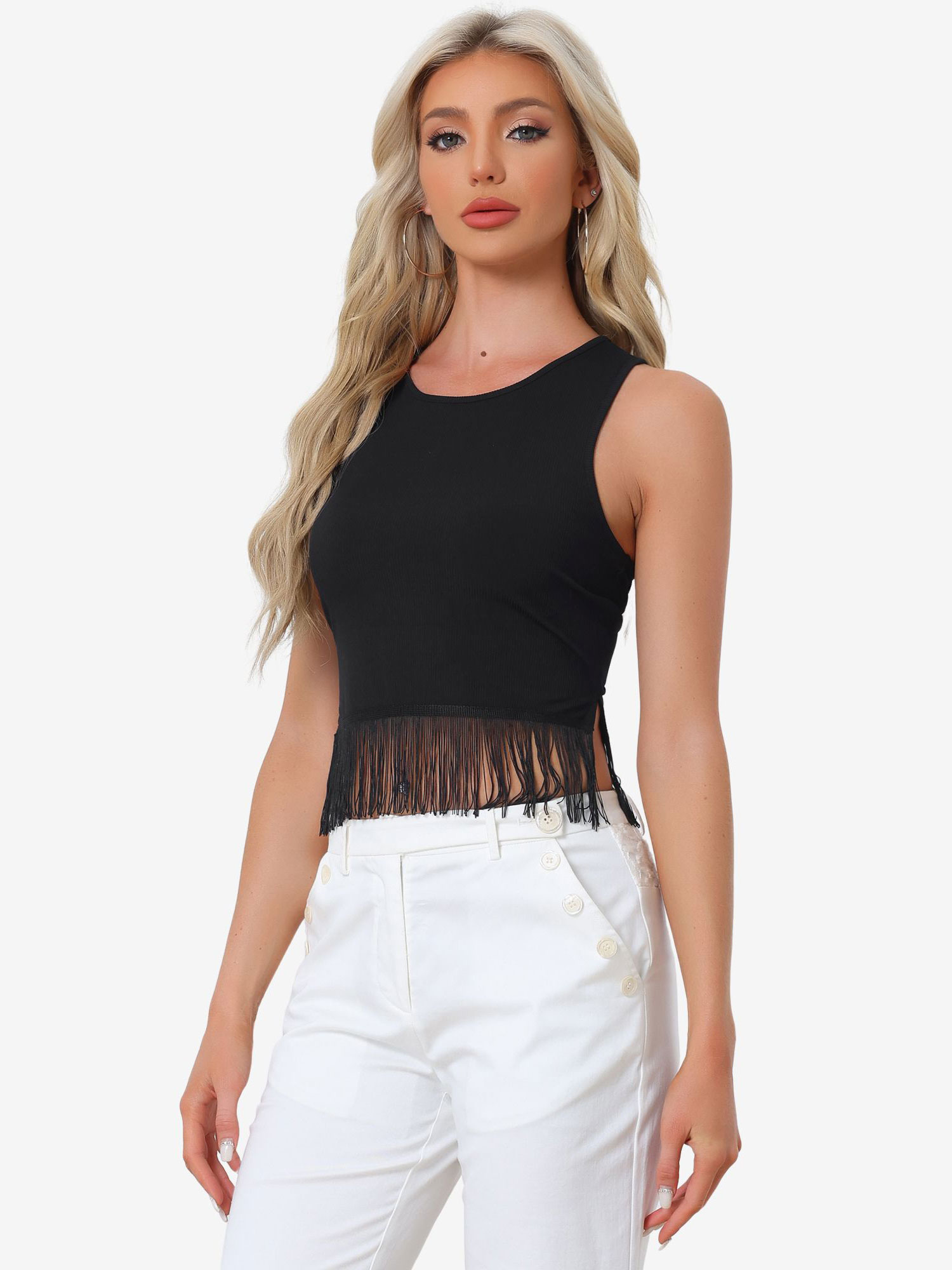 Crew Neck Sleeveless Crop Tassel Trim Ribbed Knit Tank Black/S