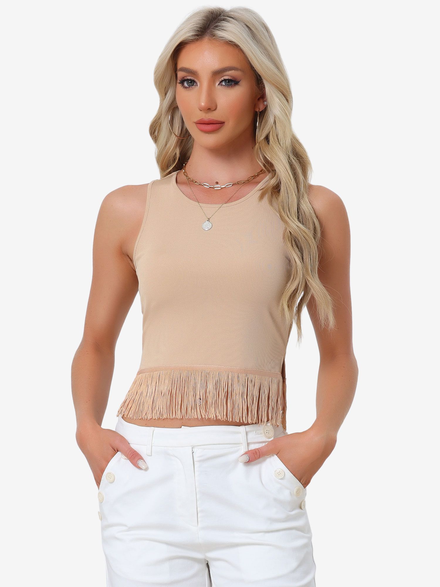 Crew Neck Sleeveless Crop Tassel Trim Ribbed Knit Tank Khaki/XL