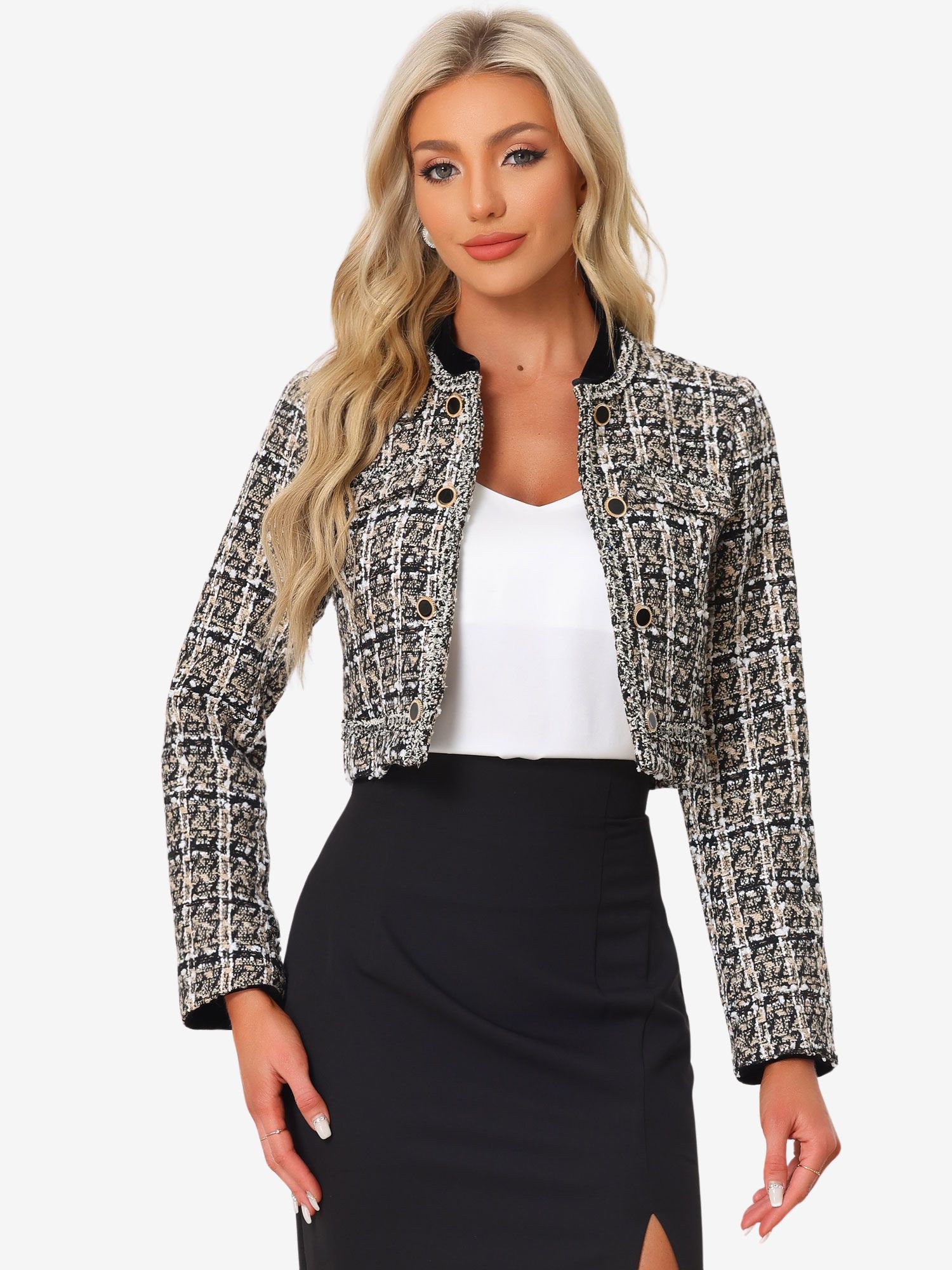 Stand Collar Double Breasted Elegant Plaid Tweed Crop Jacket Khaki/XS