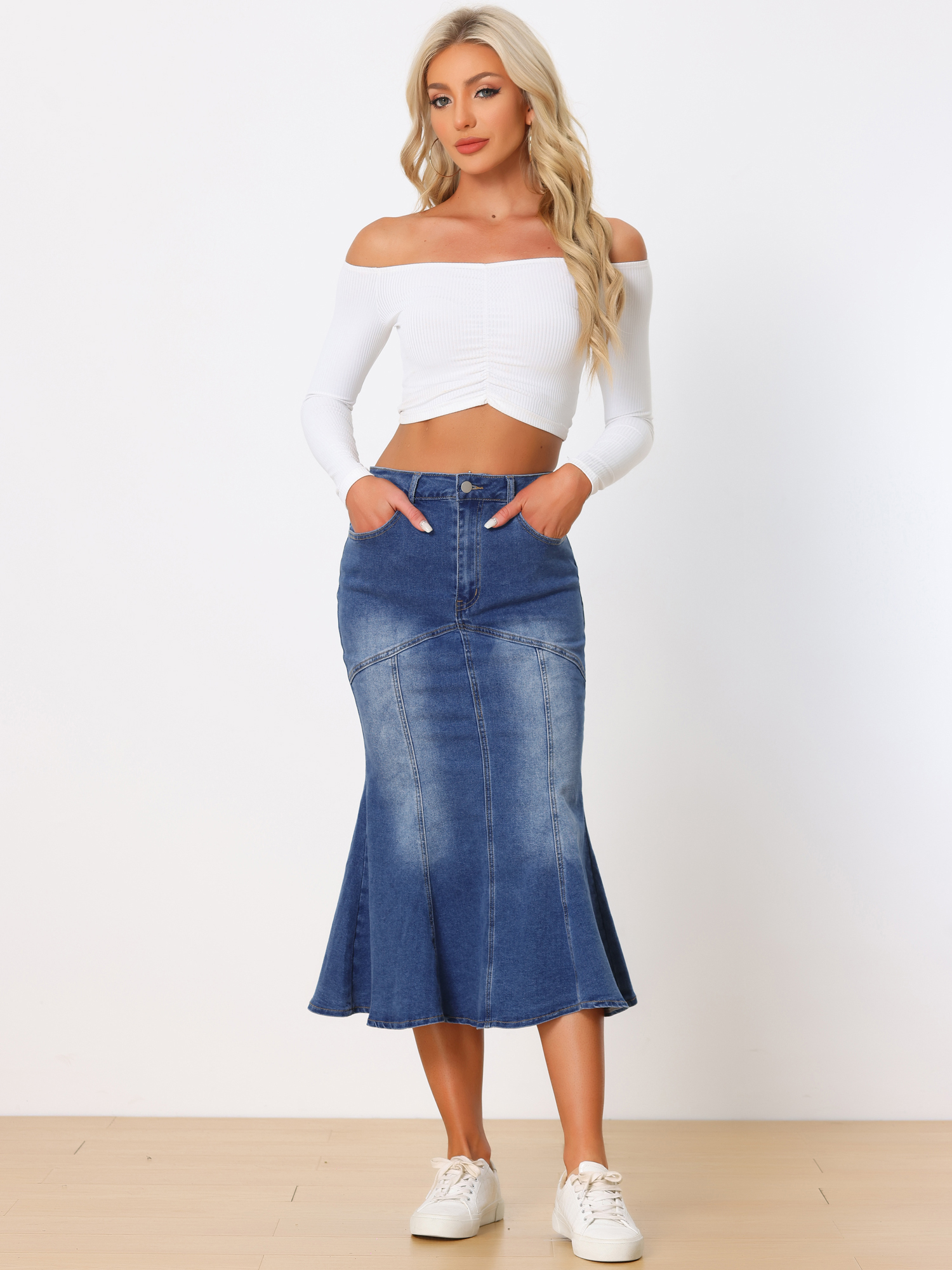 Fishtail Denim Washed Midi Jean Bodycon Skirt Blue/L