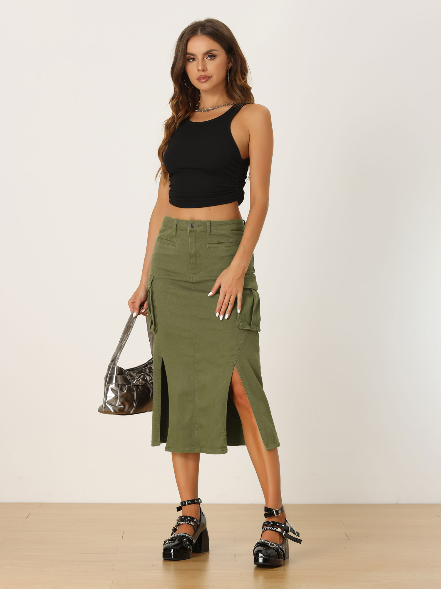 Denim Cargo Y2K Split Hem Midi Pocketed Jean Skirt Army Green/M