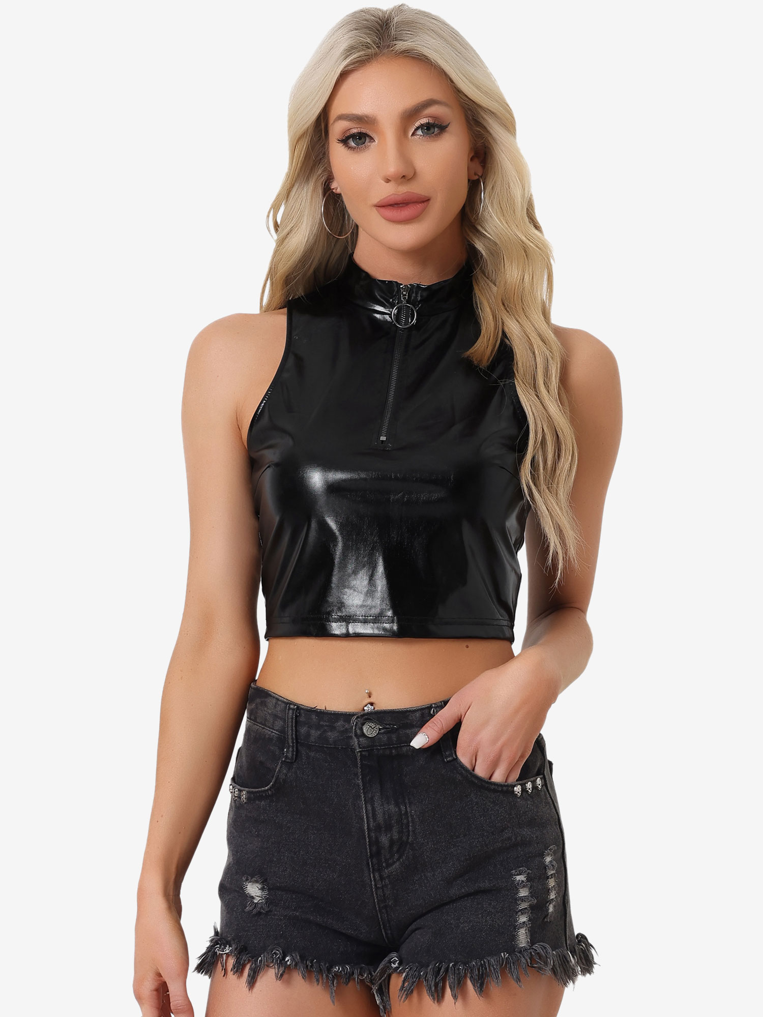 Metallic Crop Tops Mock Neck Zip Up Shiny Holographic Tank Top Black/S