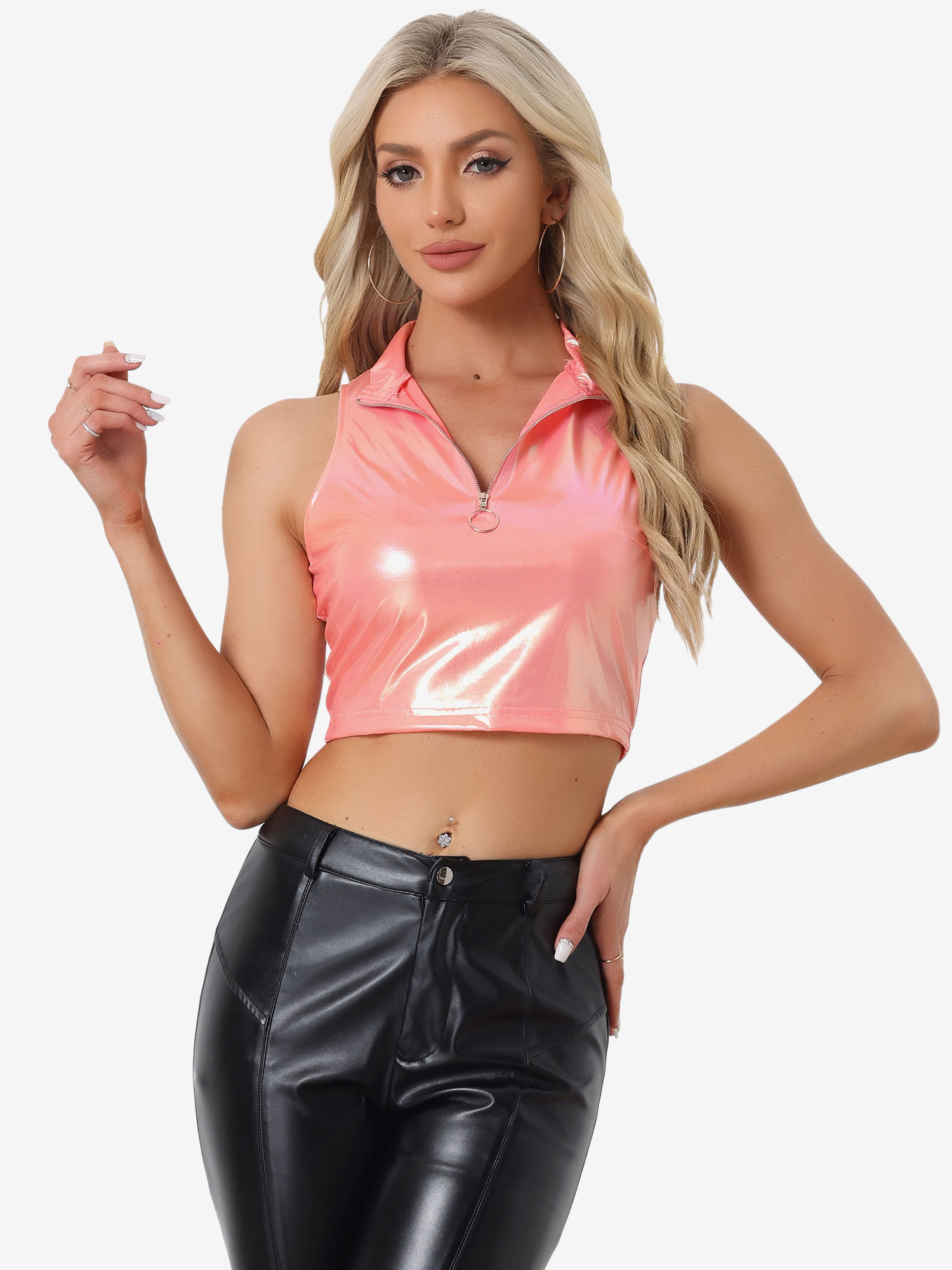 Metallic Crop Tops Mock Neck Zip Up Shiny Holographic Tank Top Holographic Pink/M