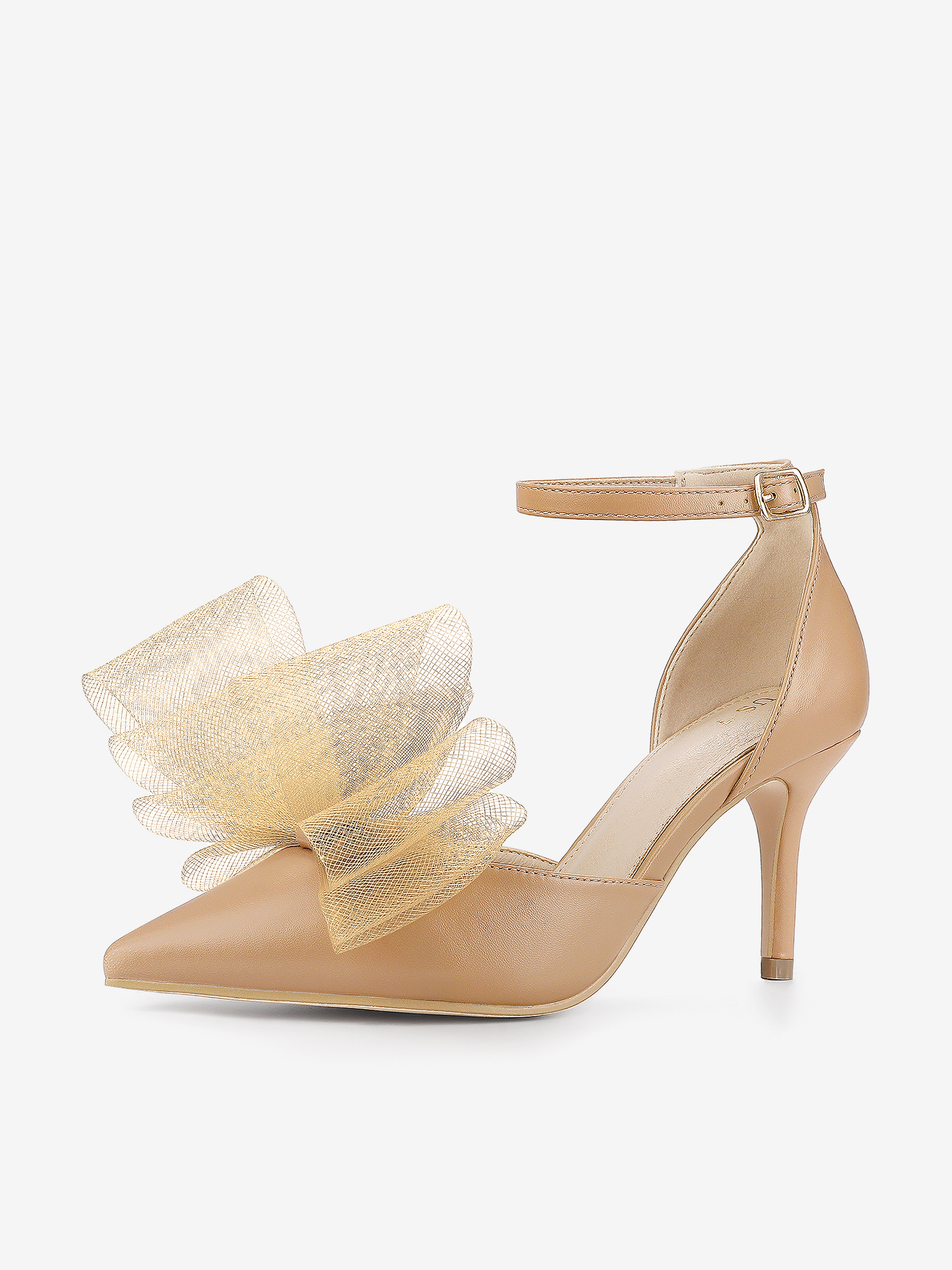 Bow Tie Pointed Toe Ankle Strap Stiletto High Heel Pumps Nude/6
