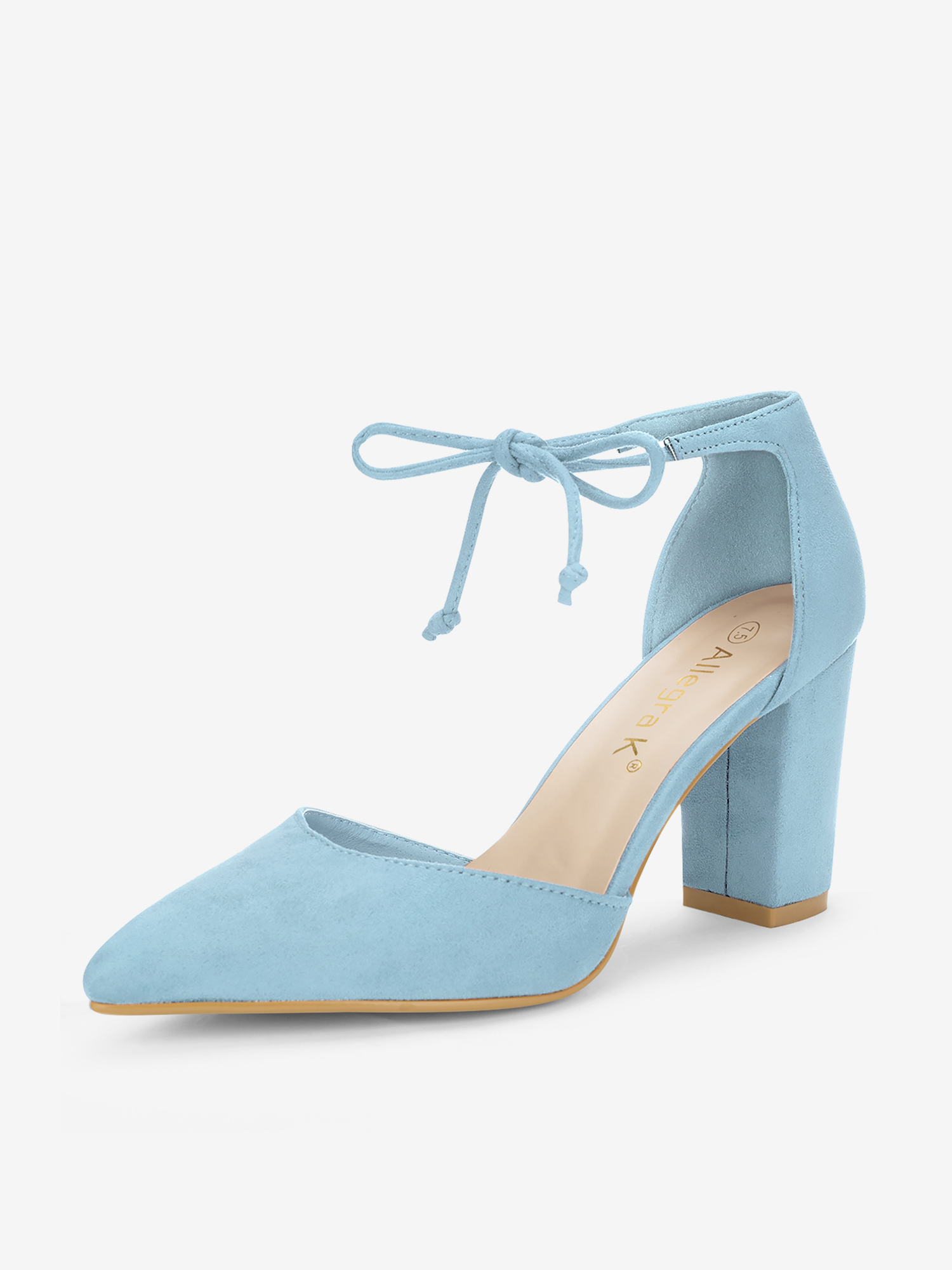 Tapered Straps Ankle Tie Point Toe Chunky Heel Pumps Sky Blue/10