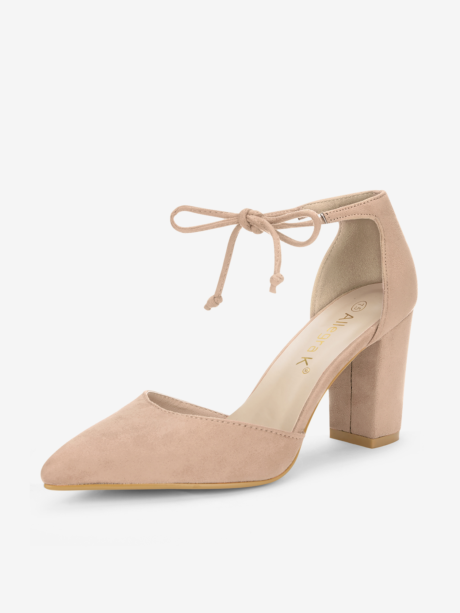 Tapered Straps Ankle Tie Point Toe Chunky Heel Pumps Nude/9