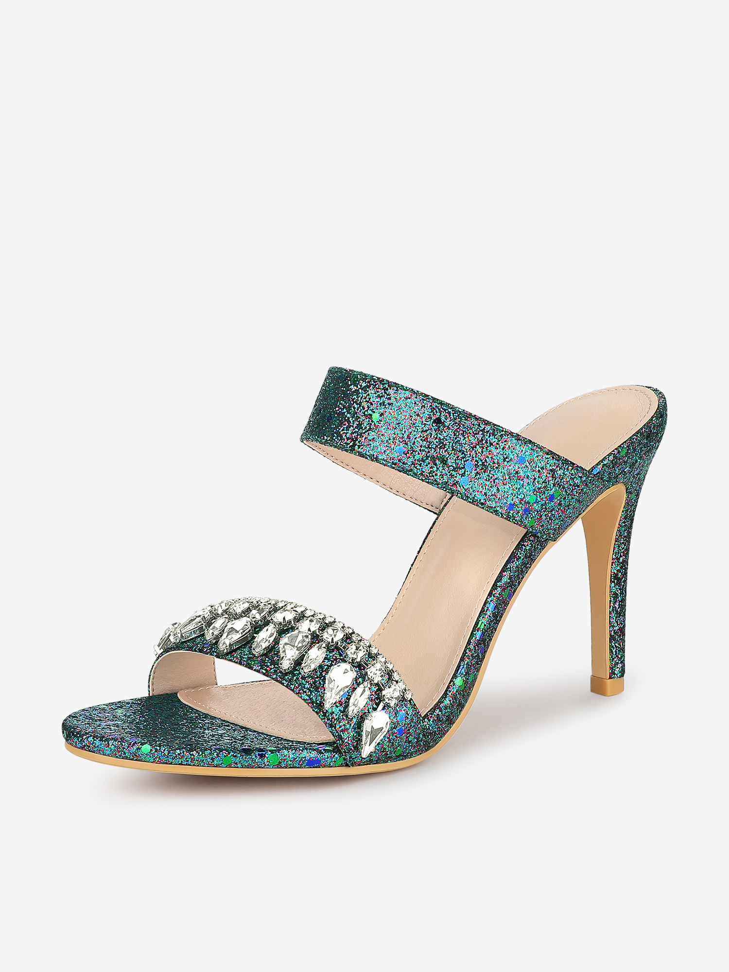 Open Toe Glitter Rhinestone Decor Stiletto Heel Sandals Green/7