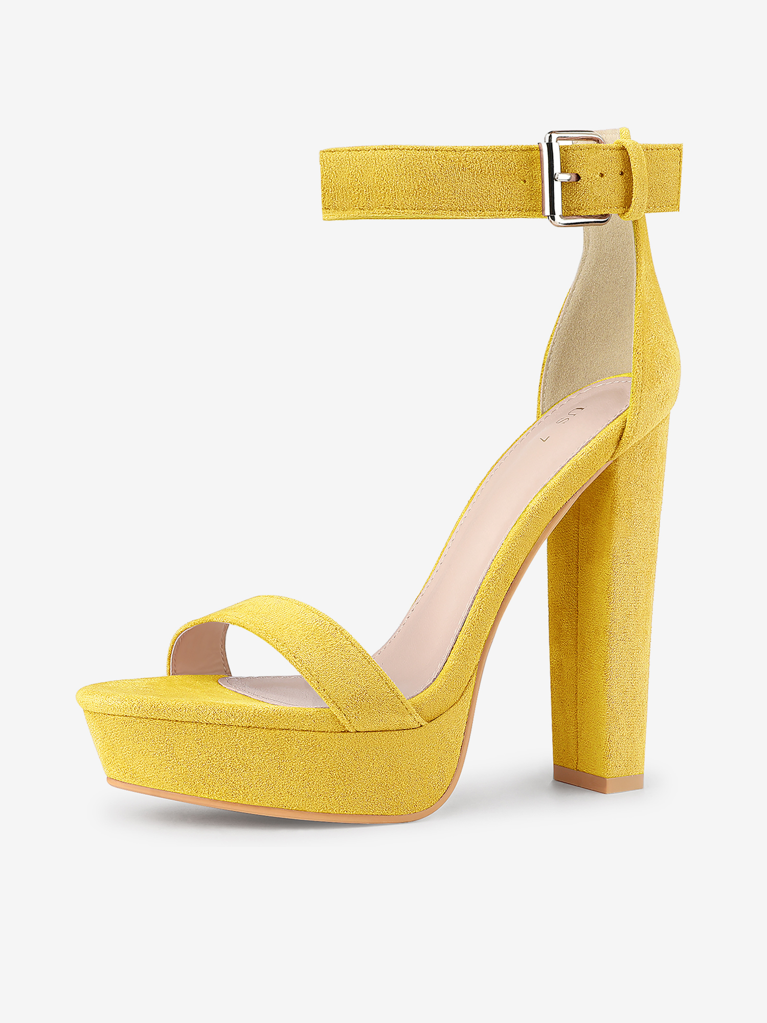 Faux Suede Platform Ankle Strap Chunky High Heel Sandals Yellow/6