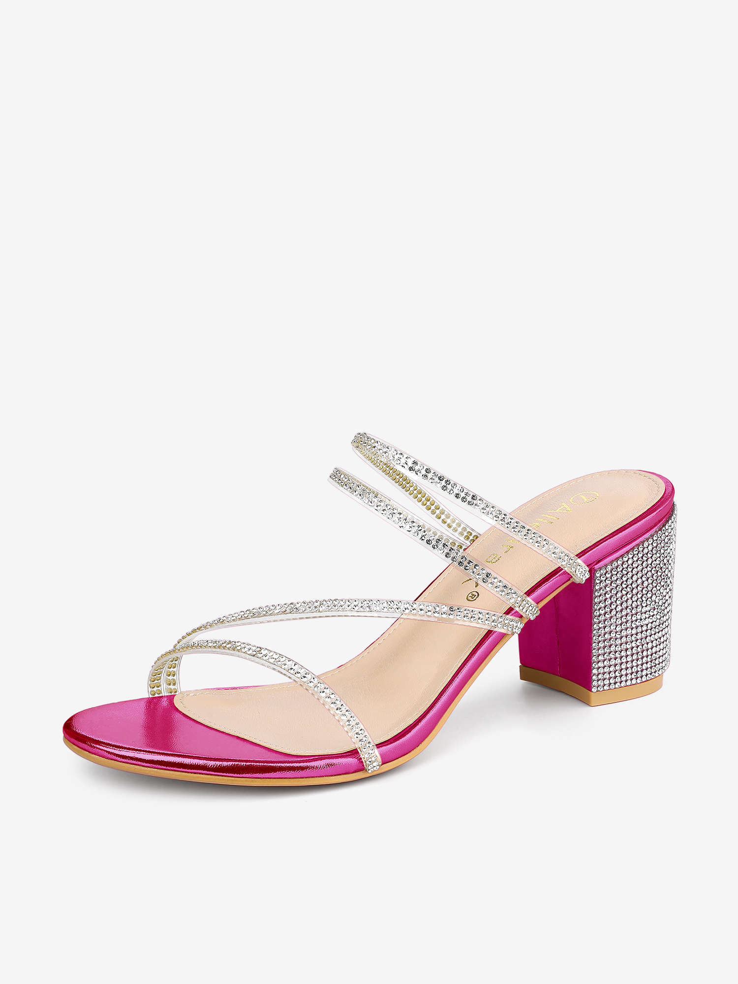 Strappy Rhinestone Block Heel Slide Sandals Hot Pink/6