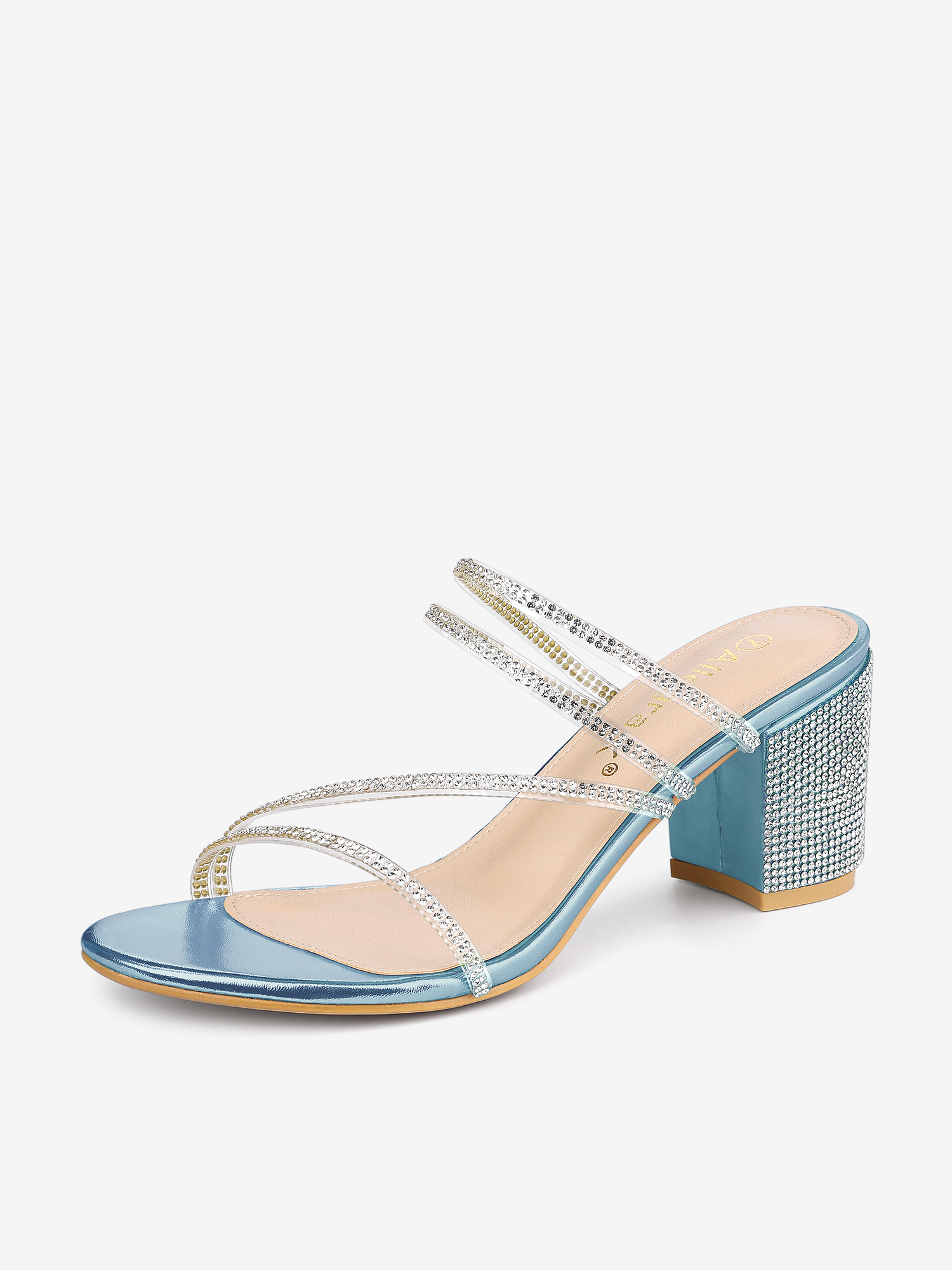 Strappy Rhinestone Block Heel Slide Sandals Sky Blue/6