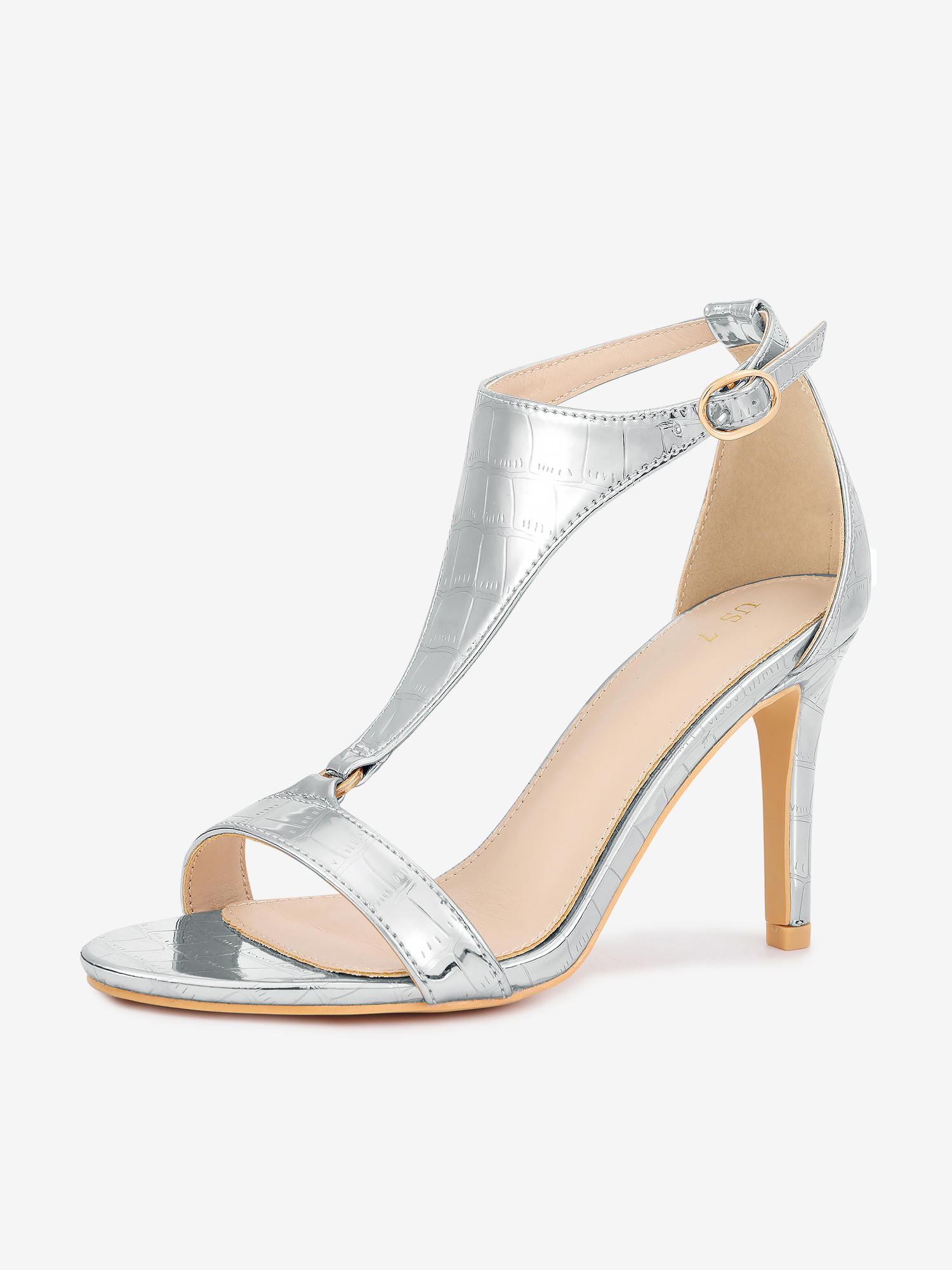 T-Strap Croc Embossed Stiletto Heel Buckle Closure Sandals Silver/7.5