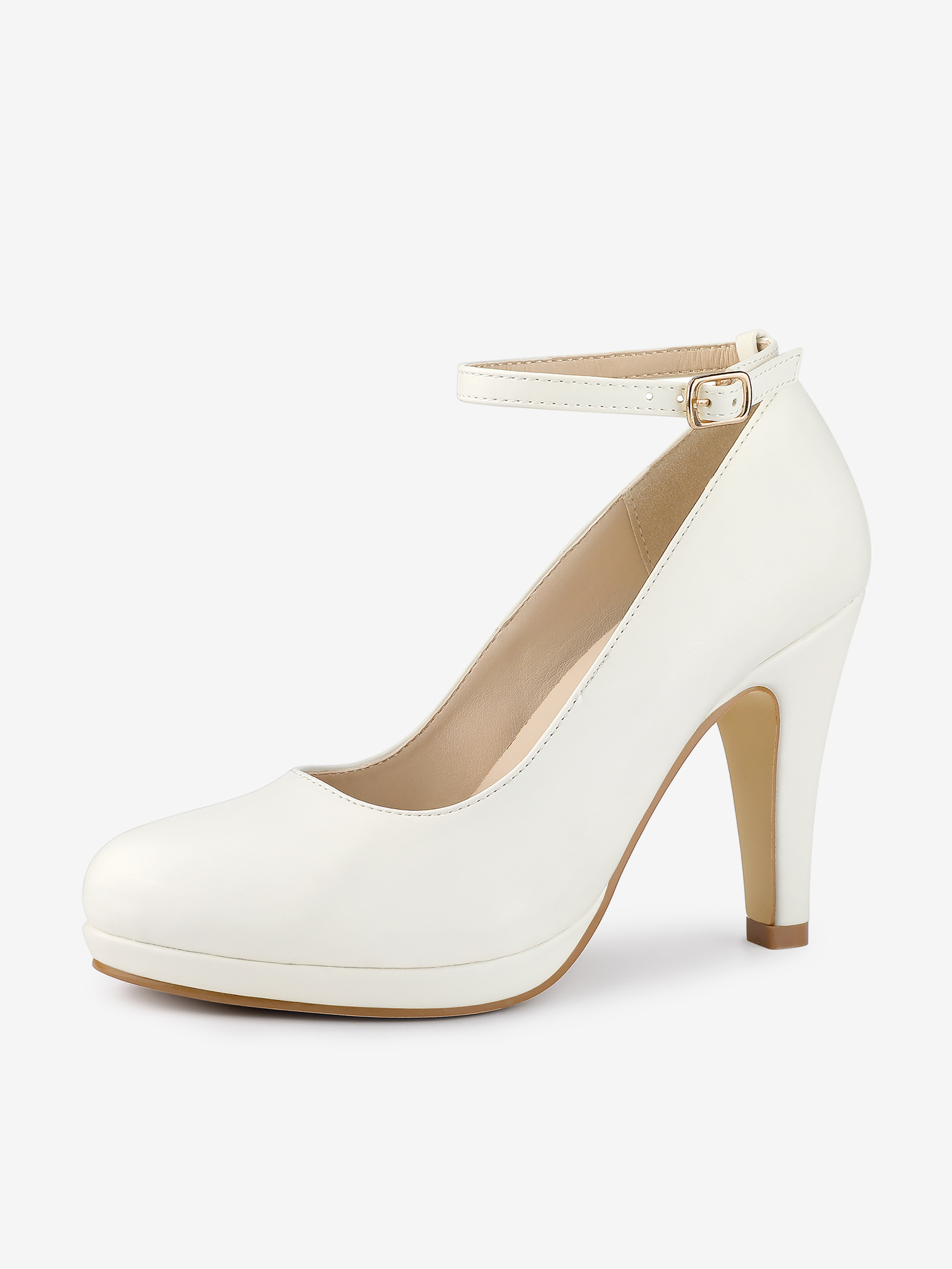 Round Toe Stiletto Heel Ankle Strap PU Leather Pumps White/6.5