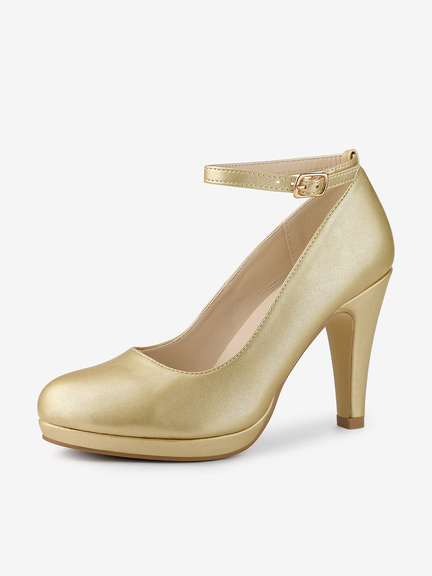Round Toe Kitten Heel Ankle Strap PU Leather Pumps Gold/8