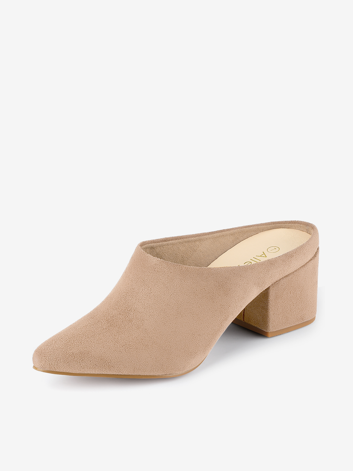 Faux Suede Pointed Toe Slip On Block Heel Slide Mules Khaki/6.5