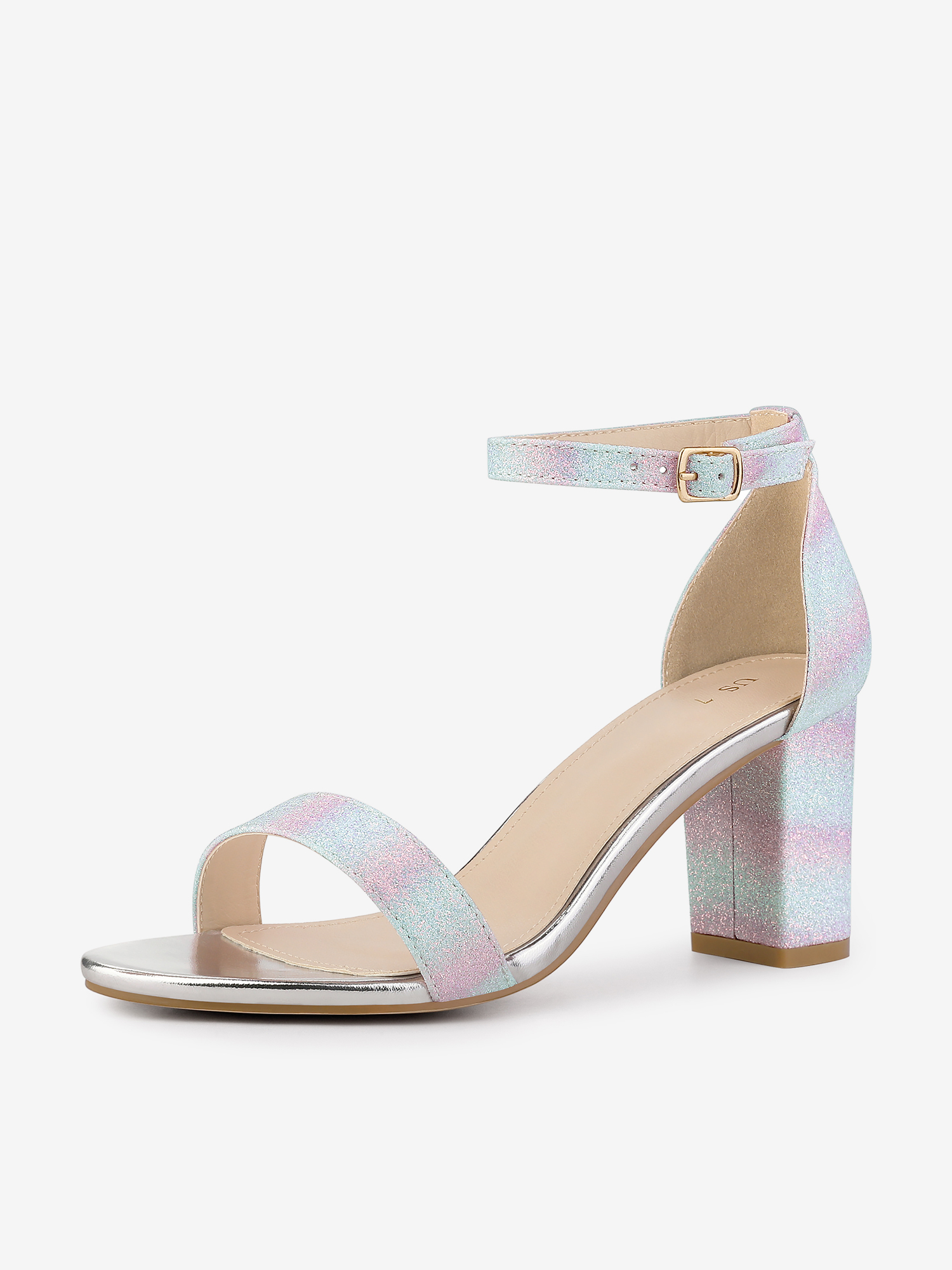 Colorful Gradient Glitter Chunky Heel Ankle Strap Sandals Blue Pink/7