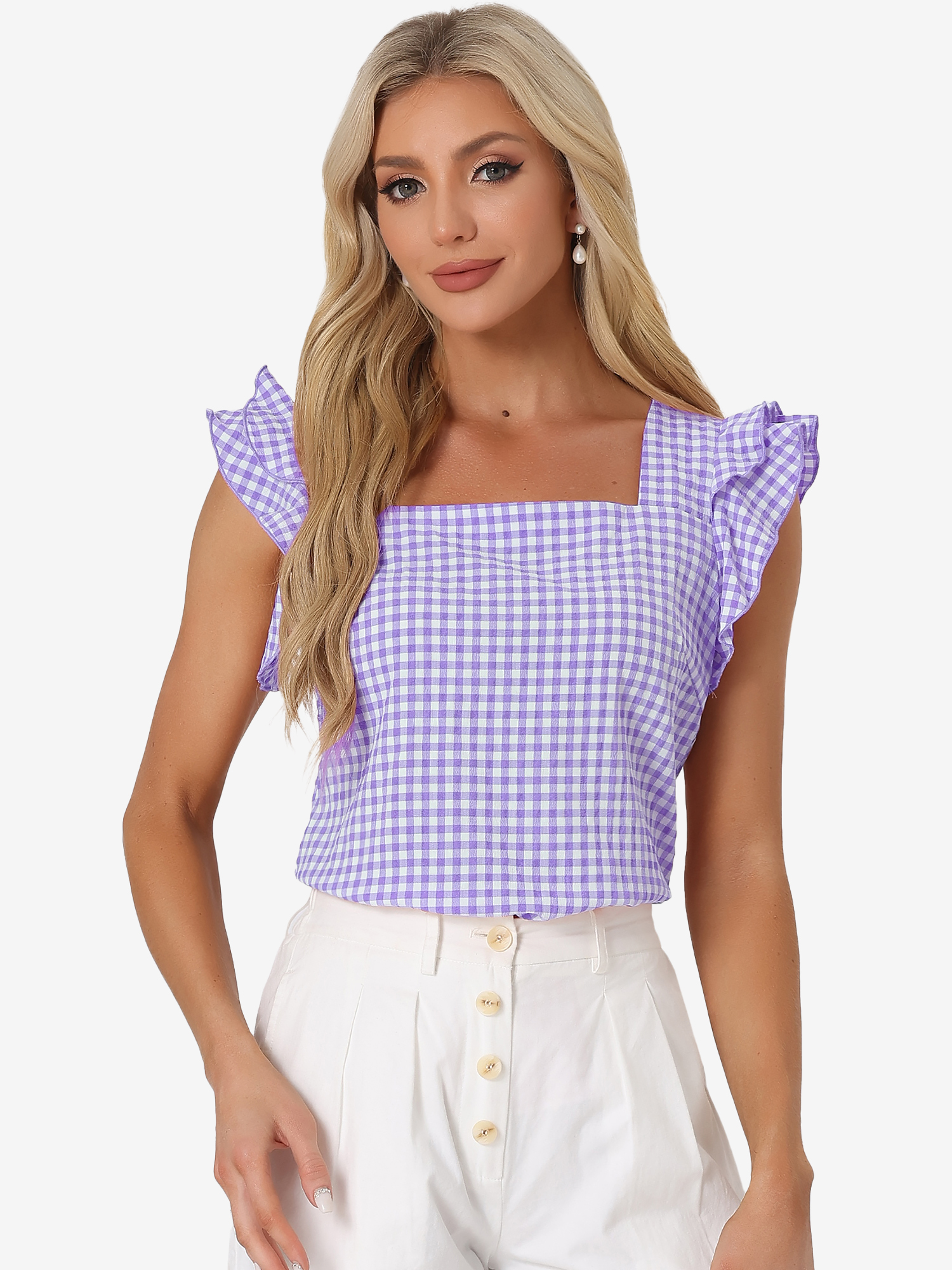 Summer Gingham Tops Square Neck Ruffle Cap Sleeve Blouse Purple/XS
