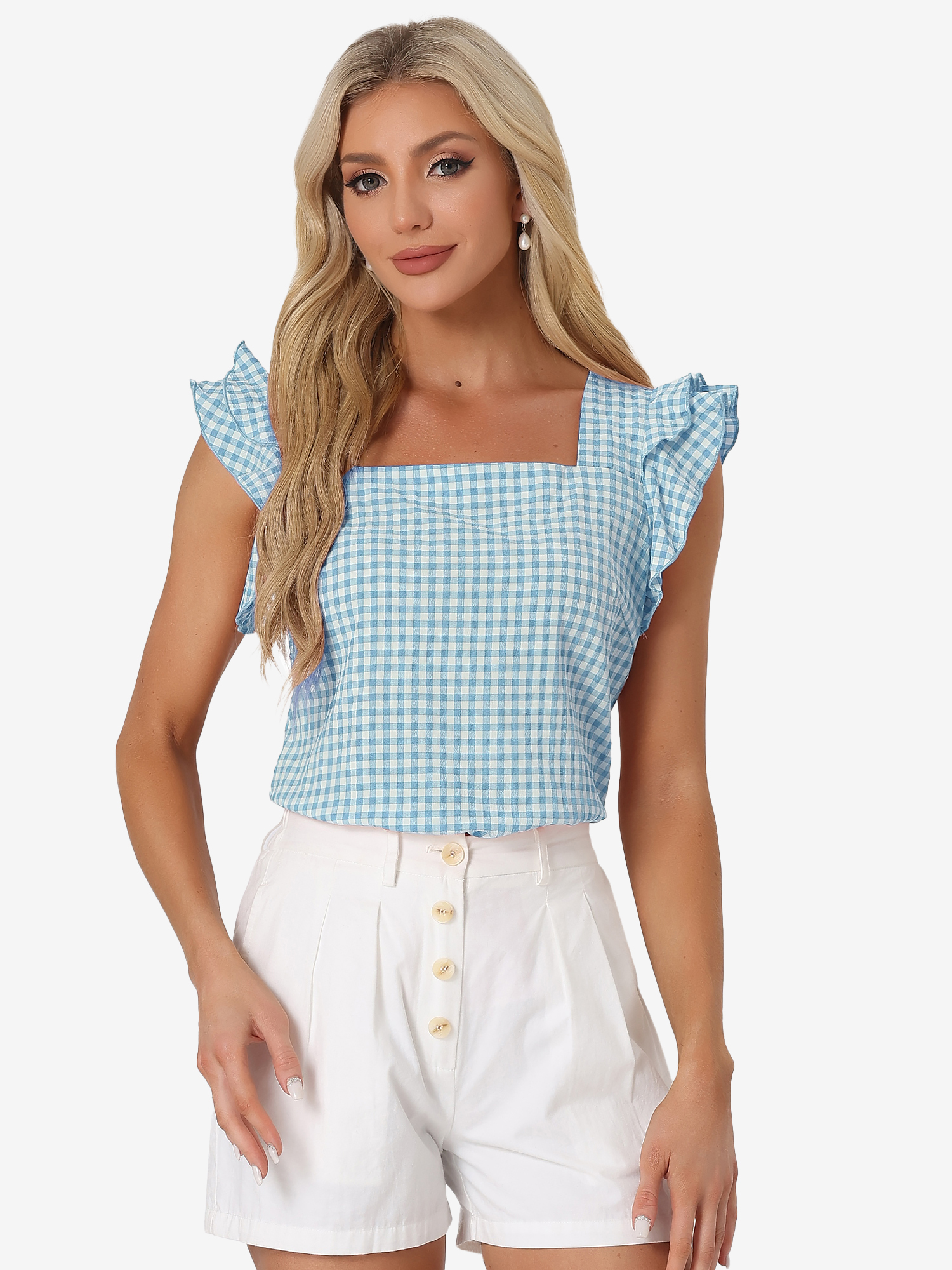 Summer Gingham Tops Square Neck Ruffle Cap Sleeve Blouse Lake Blue/XL
