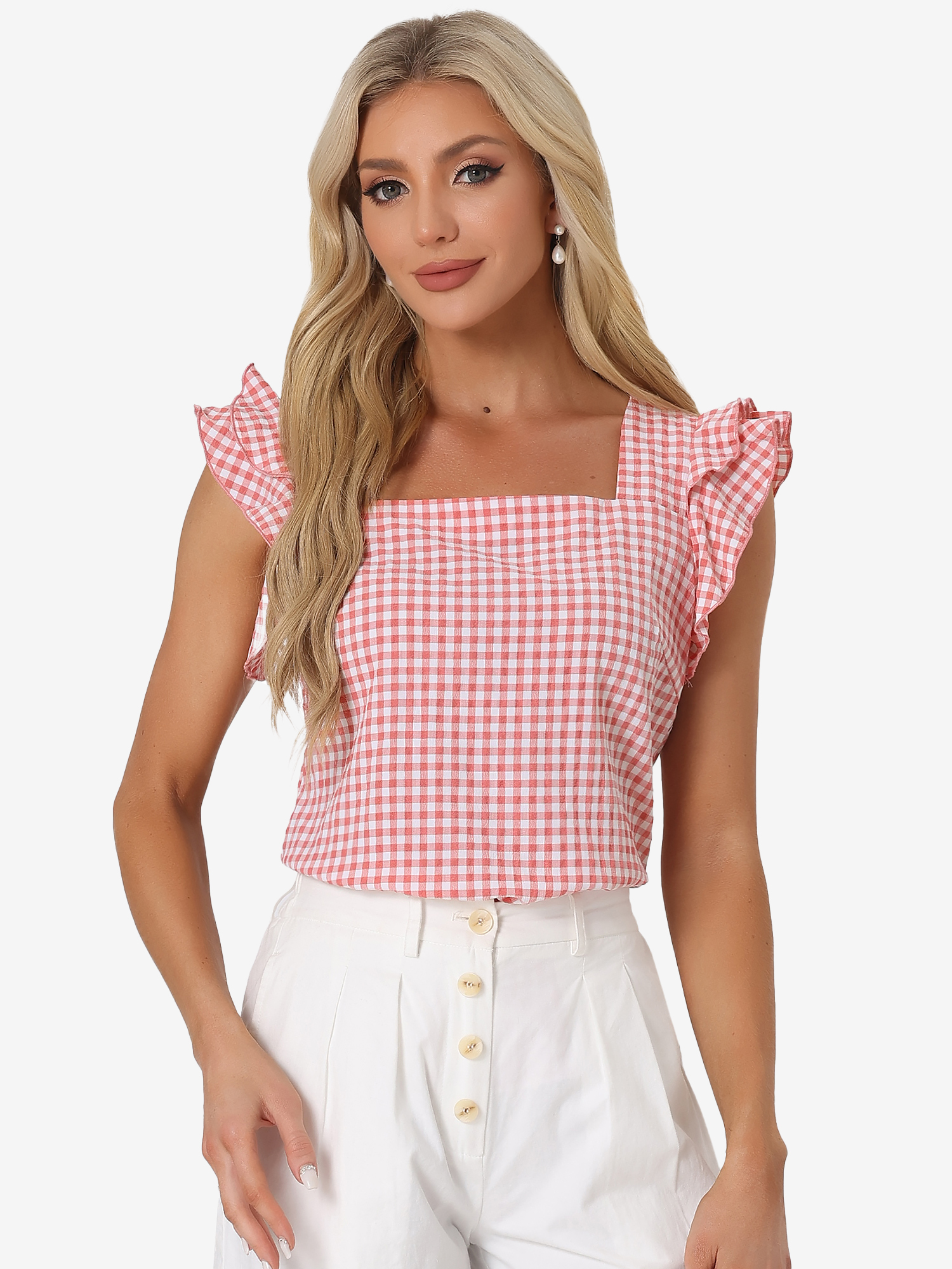Summer Gingham Tops Square Neck Ruffle Cap Sleeve Blouse Pink/XL