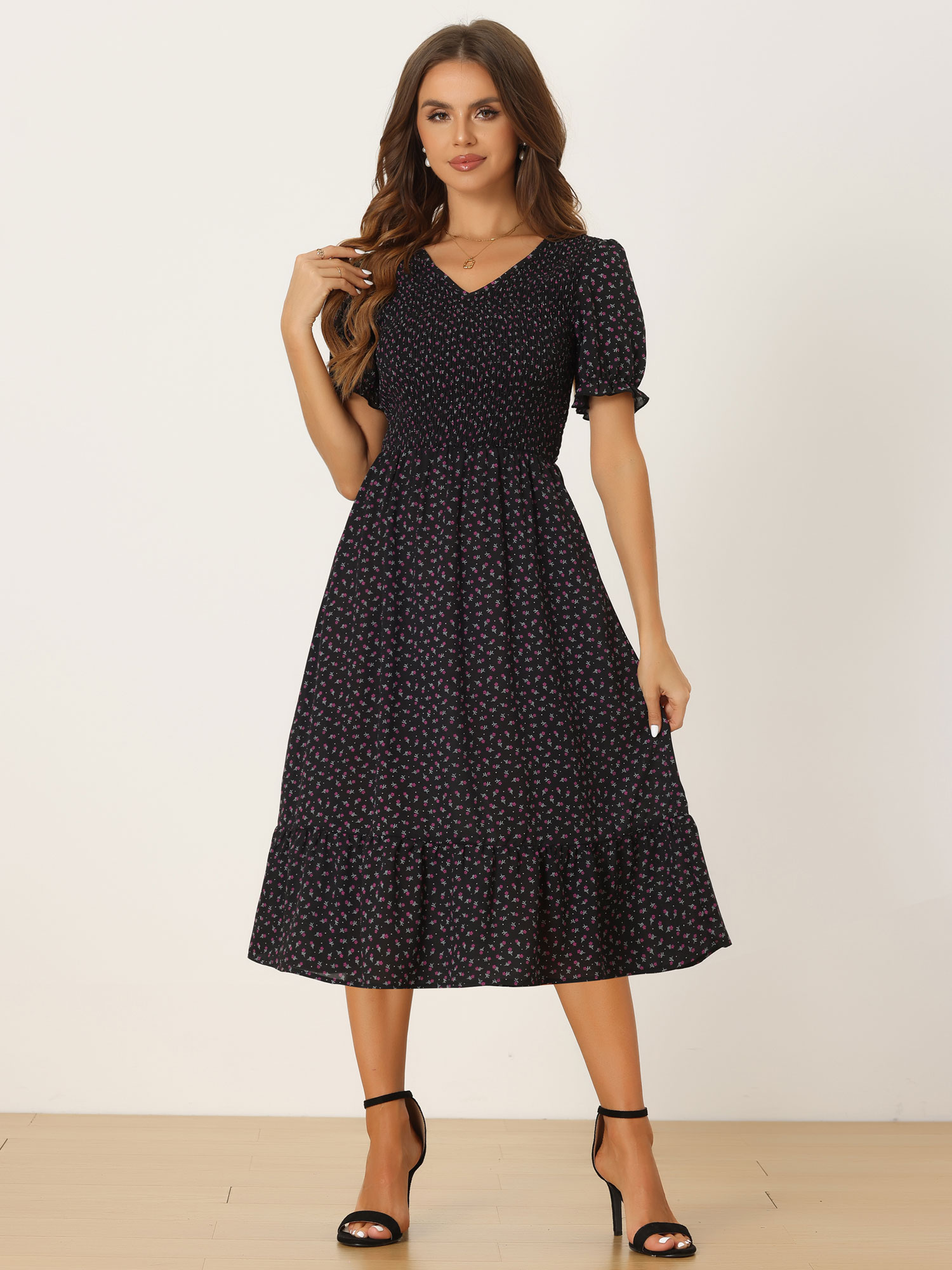 Floral Shirred Puff Short Sleeves V Neck Ruffled Hem Midi Dress Black/S