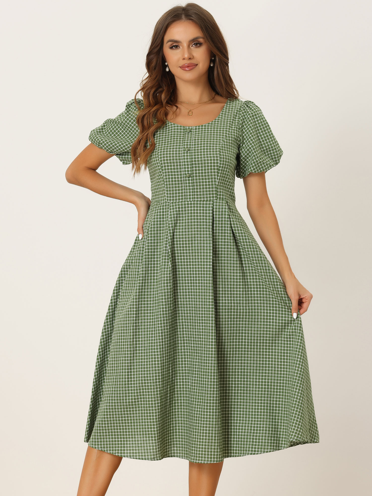 Plaid Summer Pleated Back Button Decor Puff Sleeve Midi Dress Green/XL