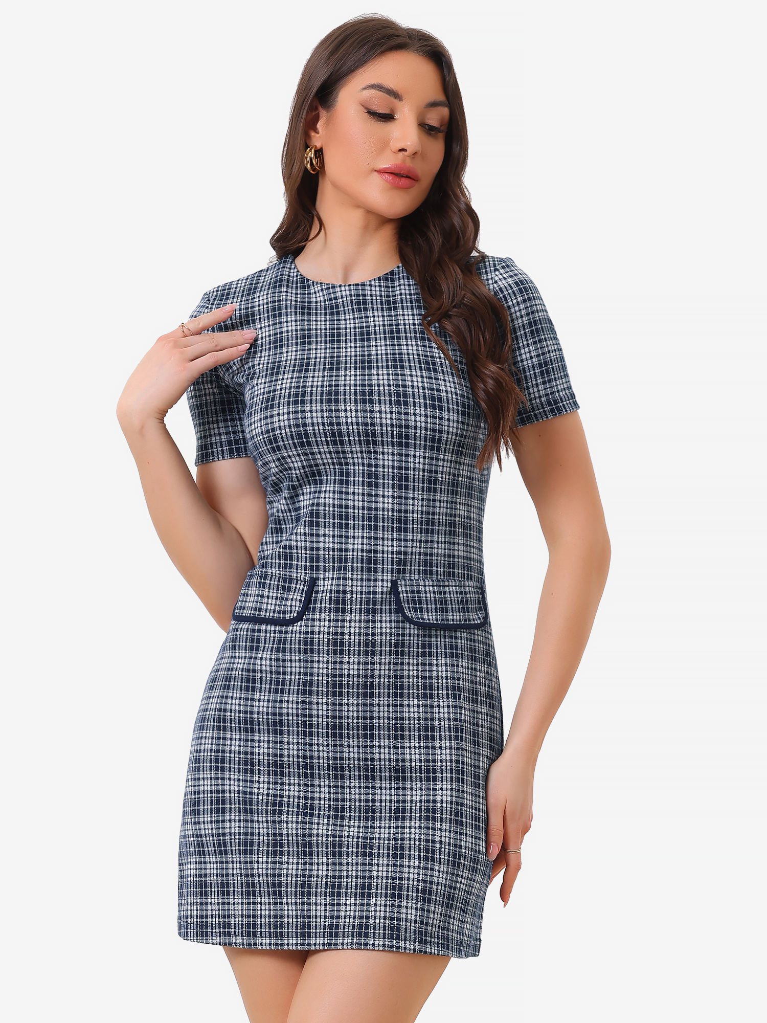 Work Short Sleeve Vintage Houndstooth Pencil Sheath Dress Dark Blue/XS