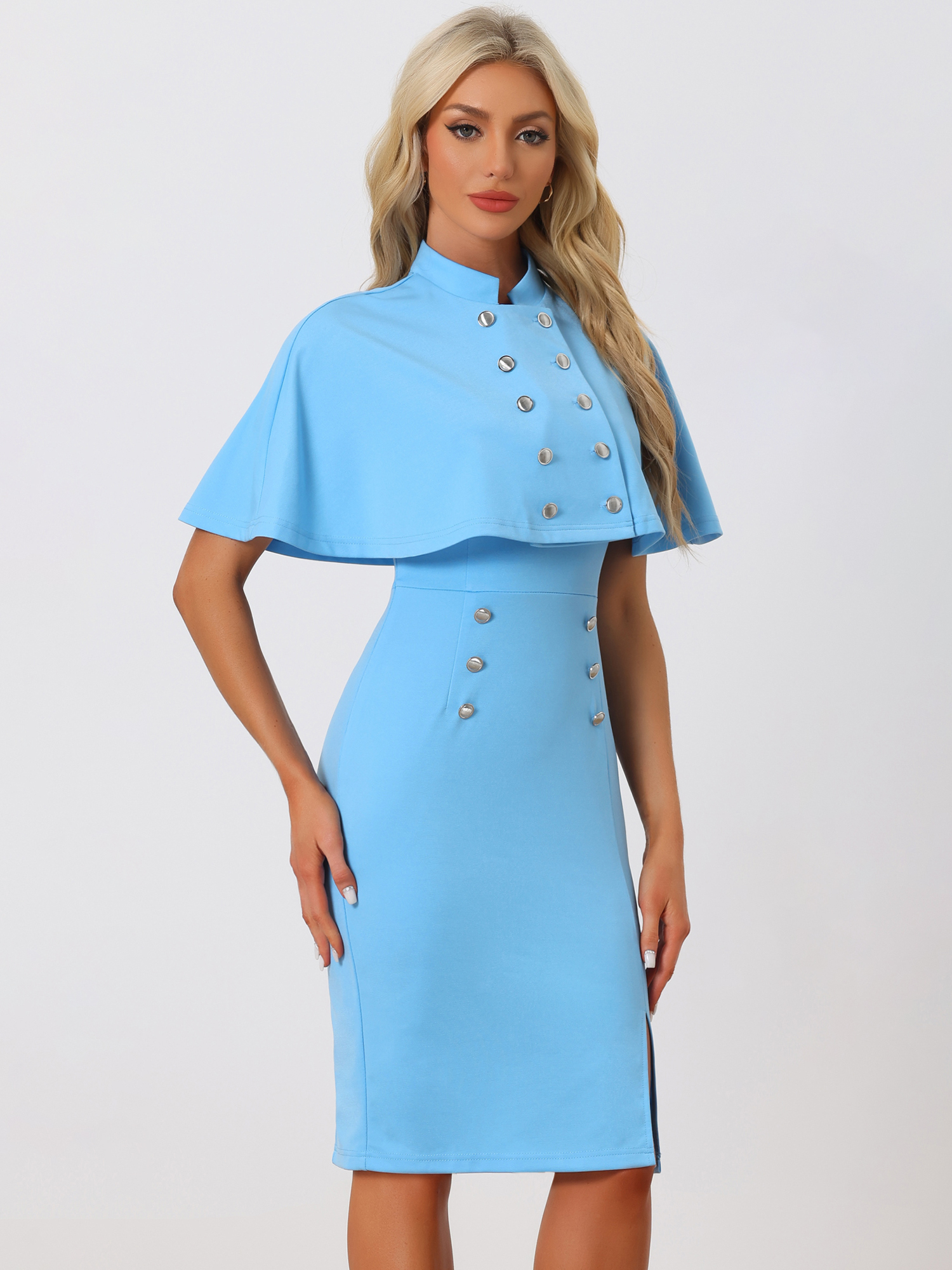 Elegant Business Double Breasted Two Pieces Cape Dress Sets Sky Blue/L