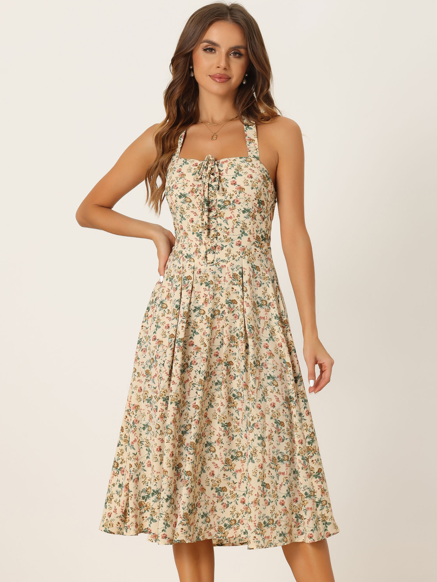 Halter Neck Floral Summer Sundress Sleeveless Lace Up Midi Dress Beige/M