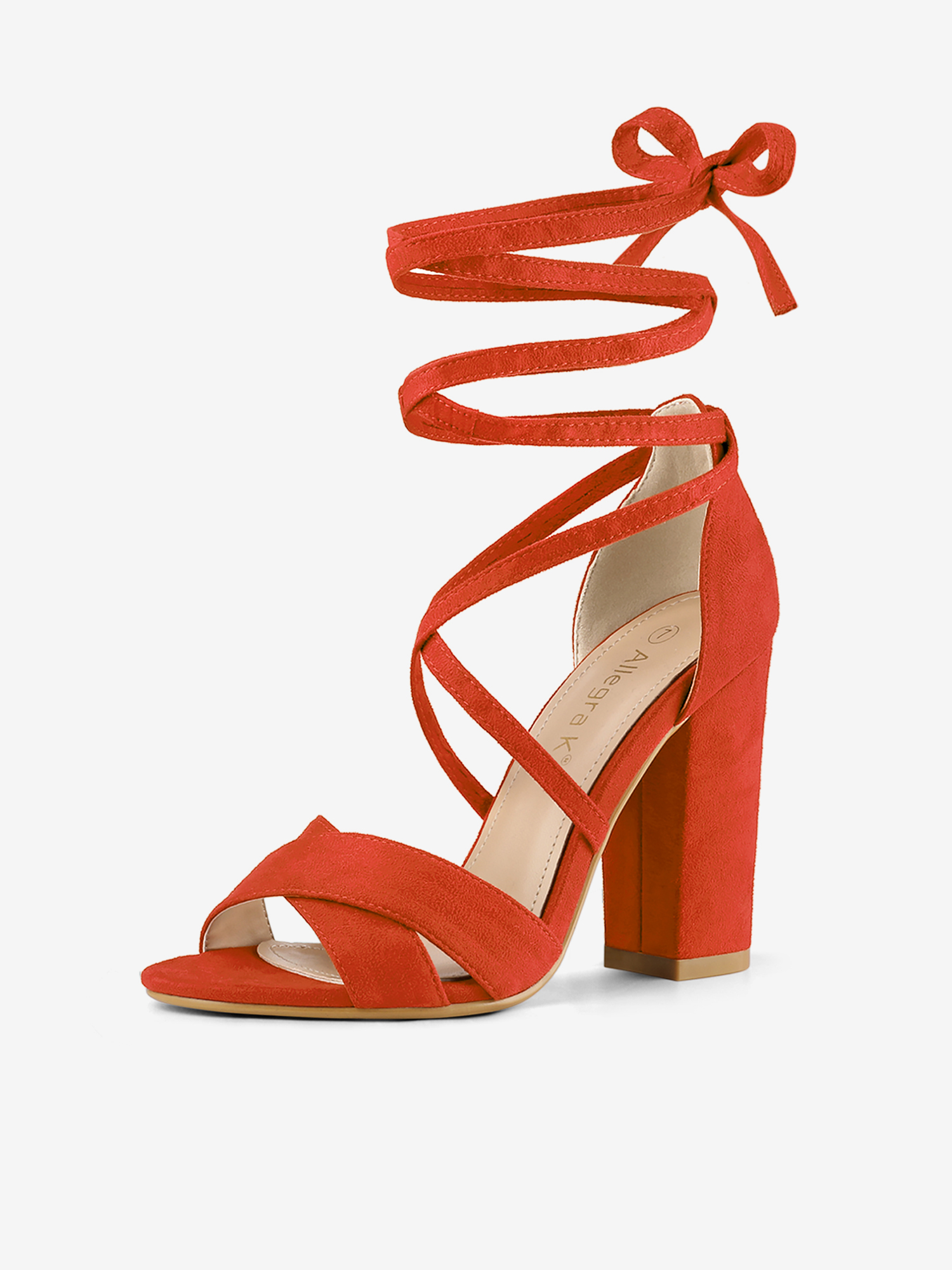 Faux Suede Crisscross Front Block Heel Lace Up Sandals Orange/8