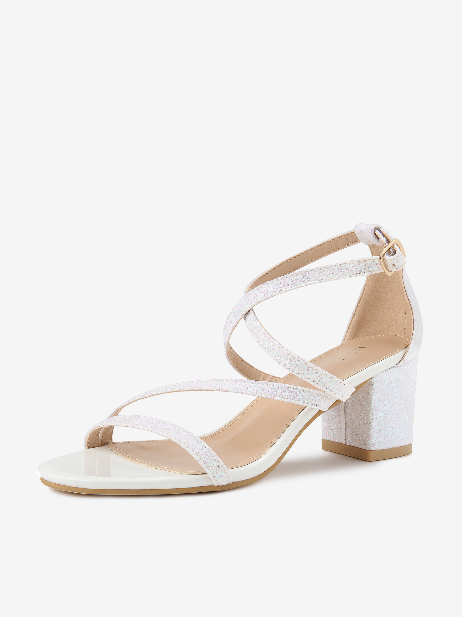 Glitter Crisscross Strap Chunky Heel Sandals White/6