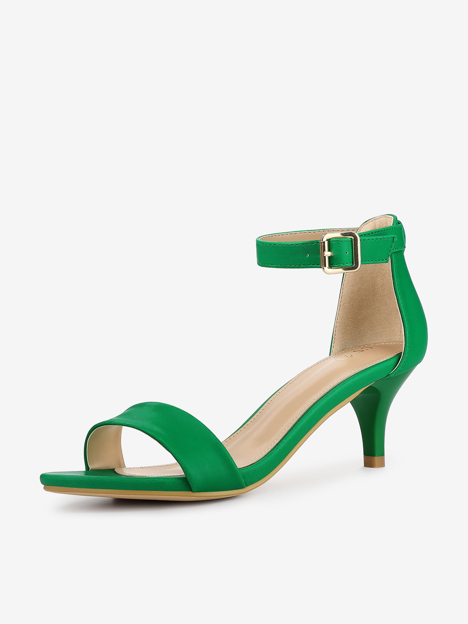 Faux Leather Open Toe Ankle Strap Kitten Heel Sandals Green/7