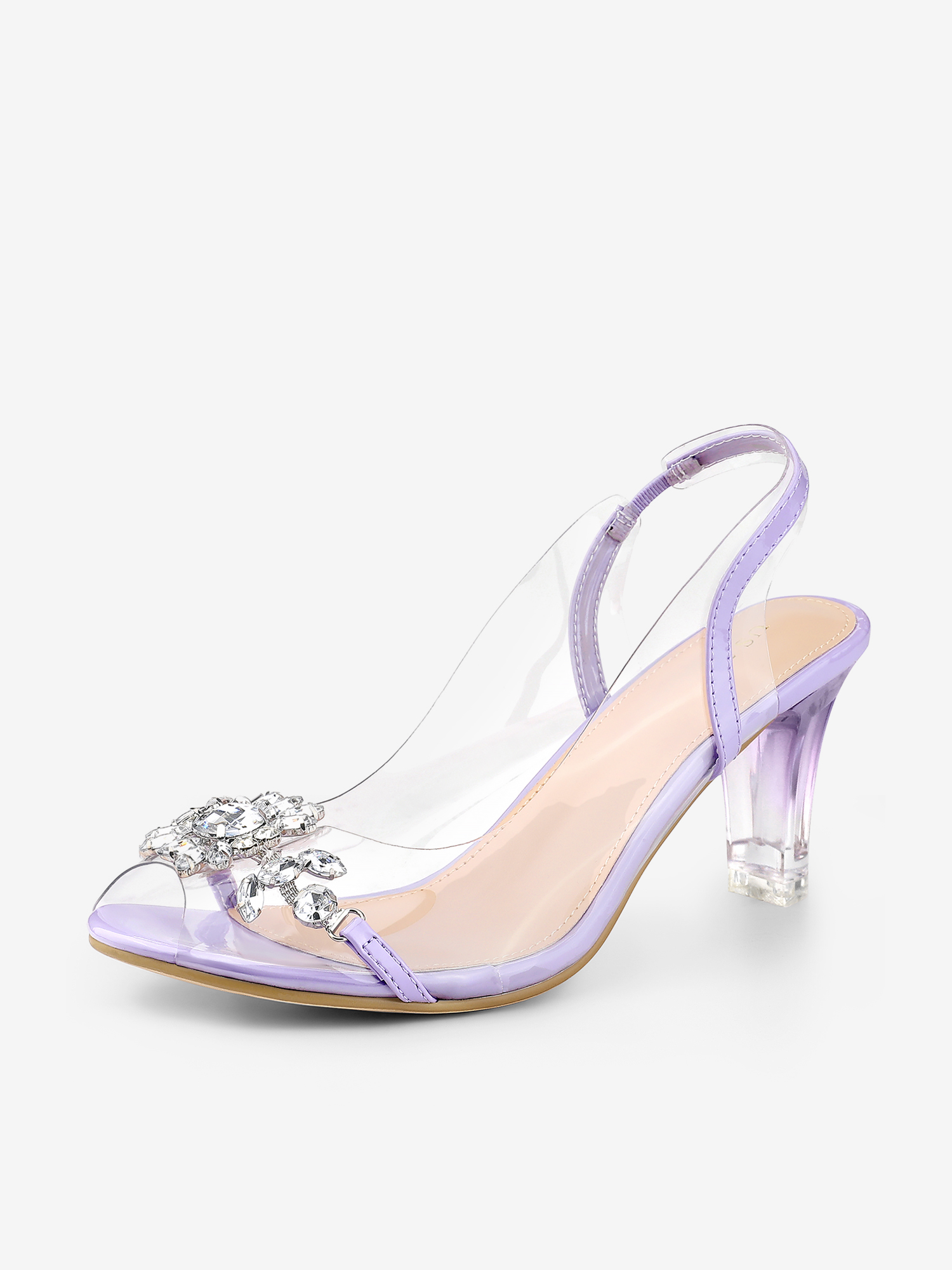 Clear Slingback Flower Rhinestone Peep Toe Heel Sandals Purple/8