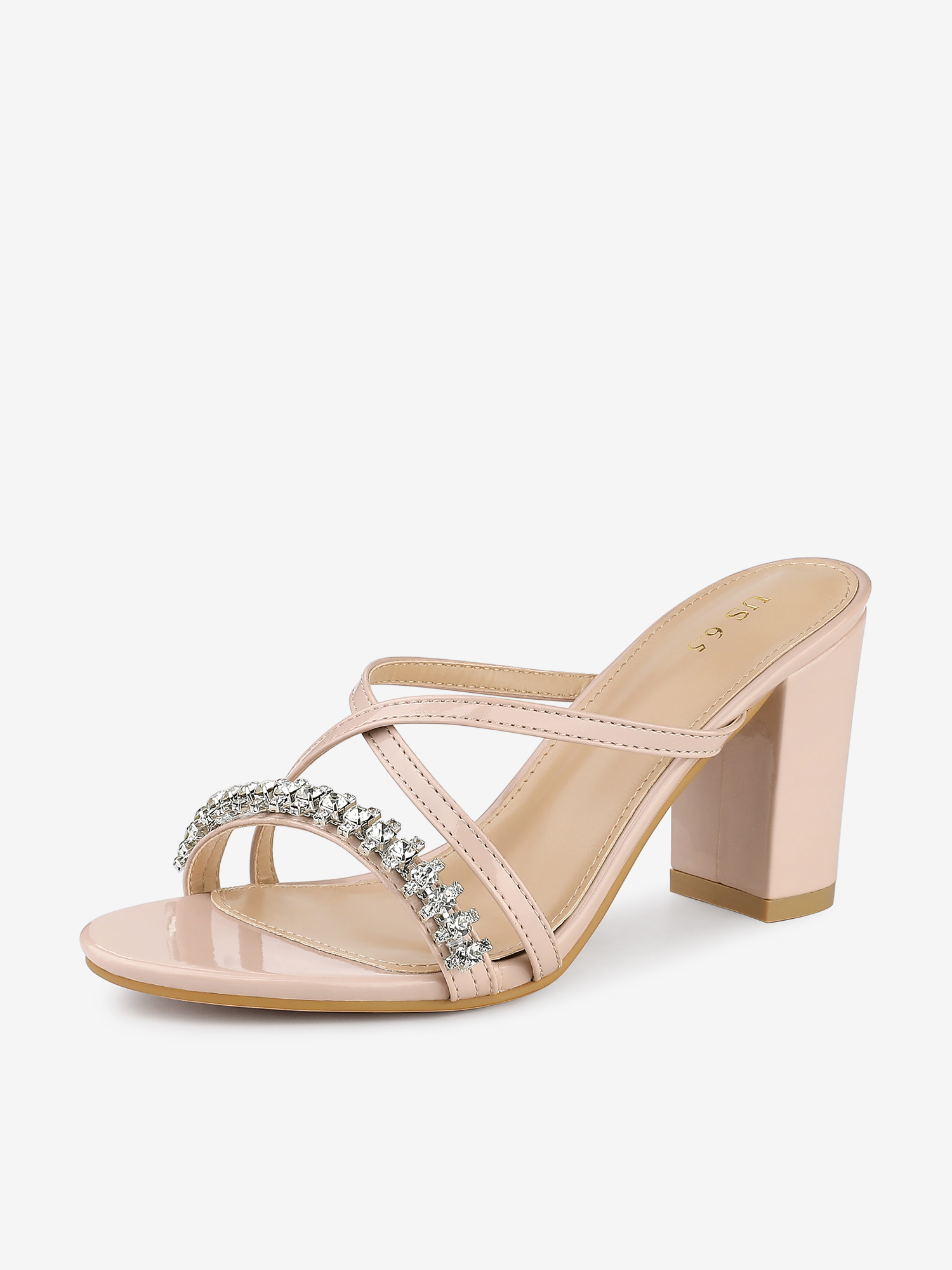 Crisscross Strap Open Toe Rhinestone Block Heel Slide Sandals Beige/9.5
