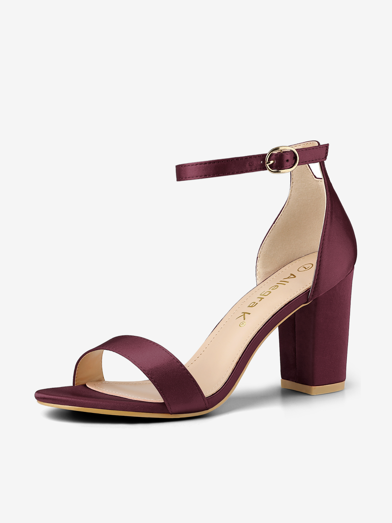 Satin Open Toe Ankle Strap Chunky Heel Sandals Burgundy/9