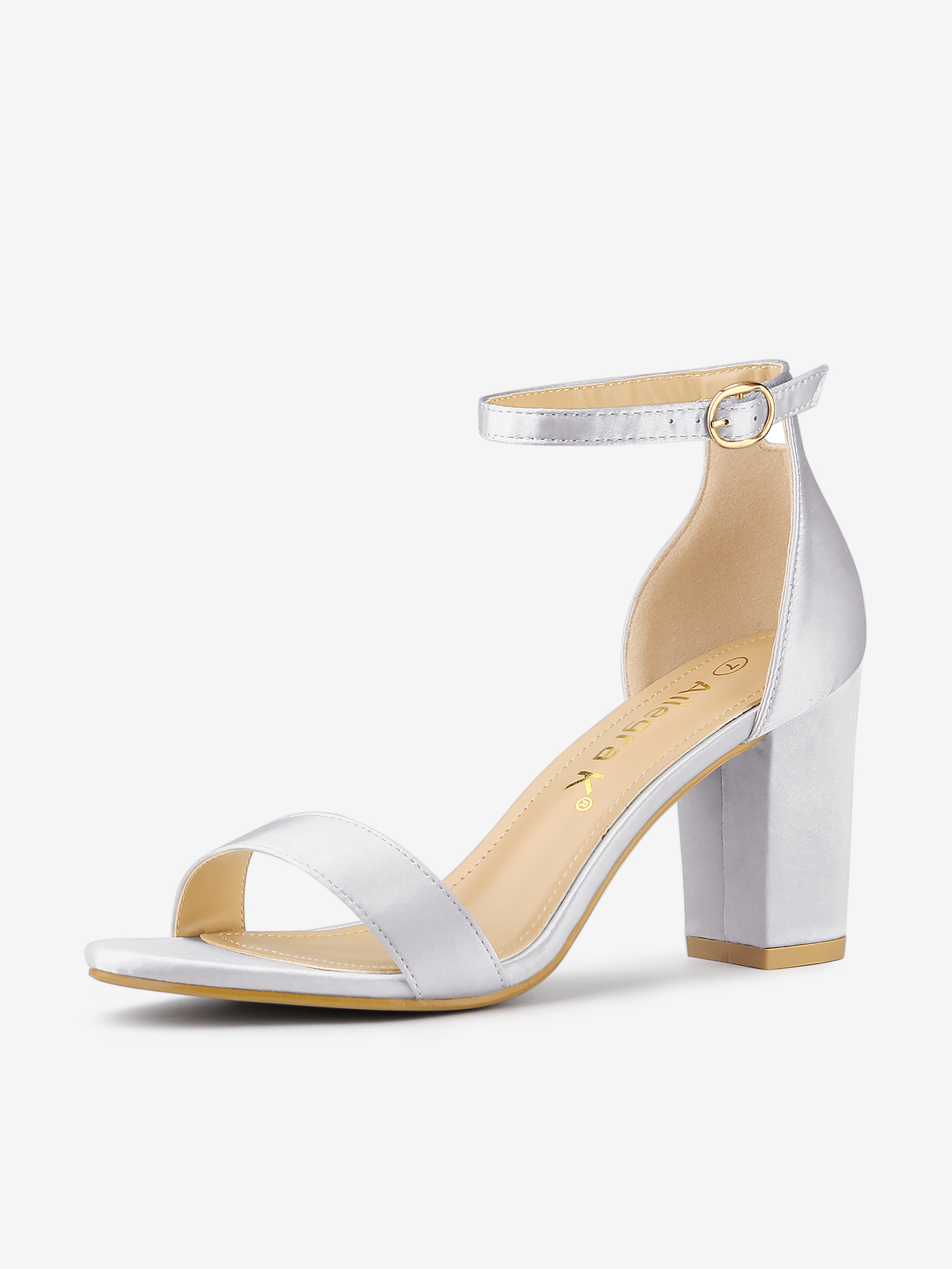 Satin Open Toe Ankle Strap Chunky Heel Sandals Silver/8