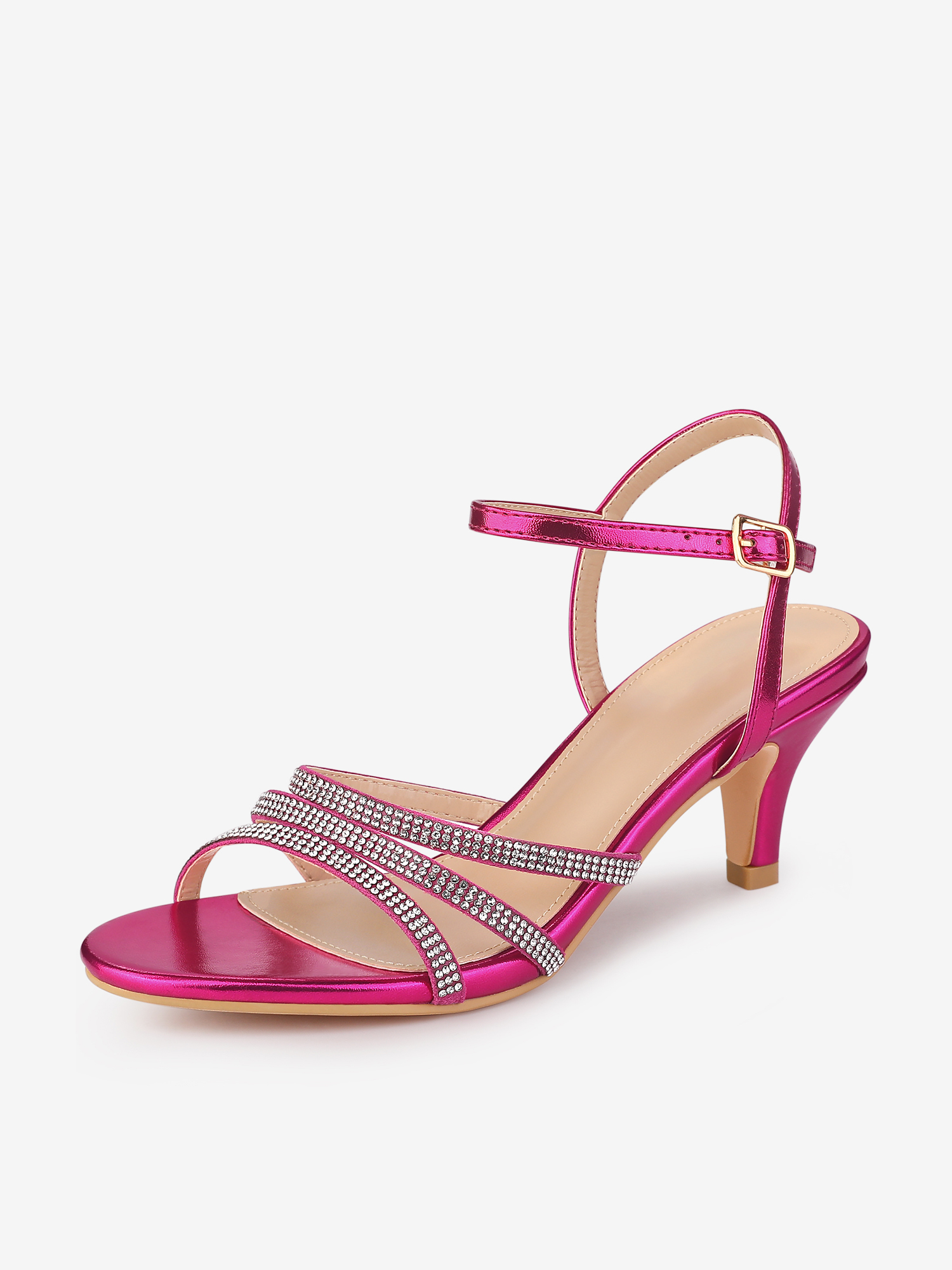 Ankle Strap Rhinestone Round Toe Kitten Heel Sandals Hot Pink/6.5