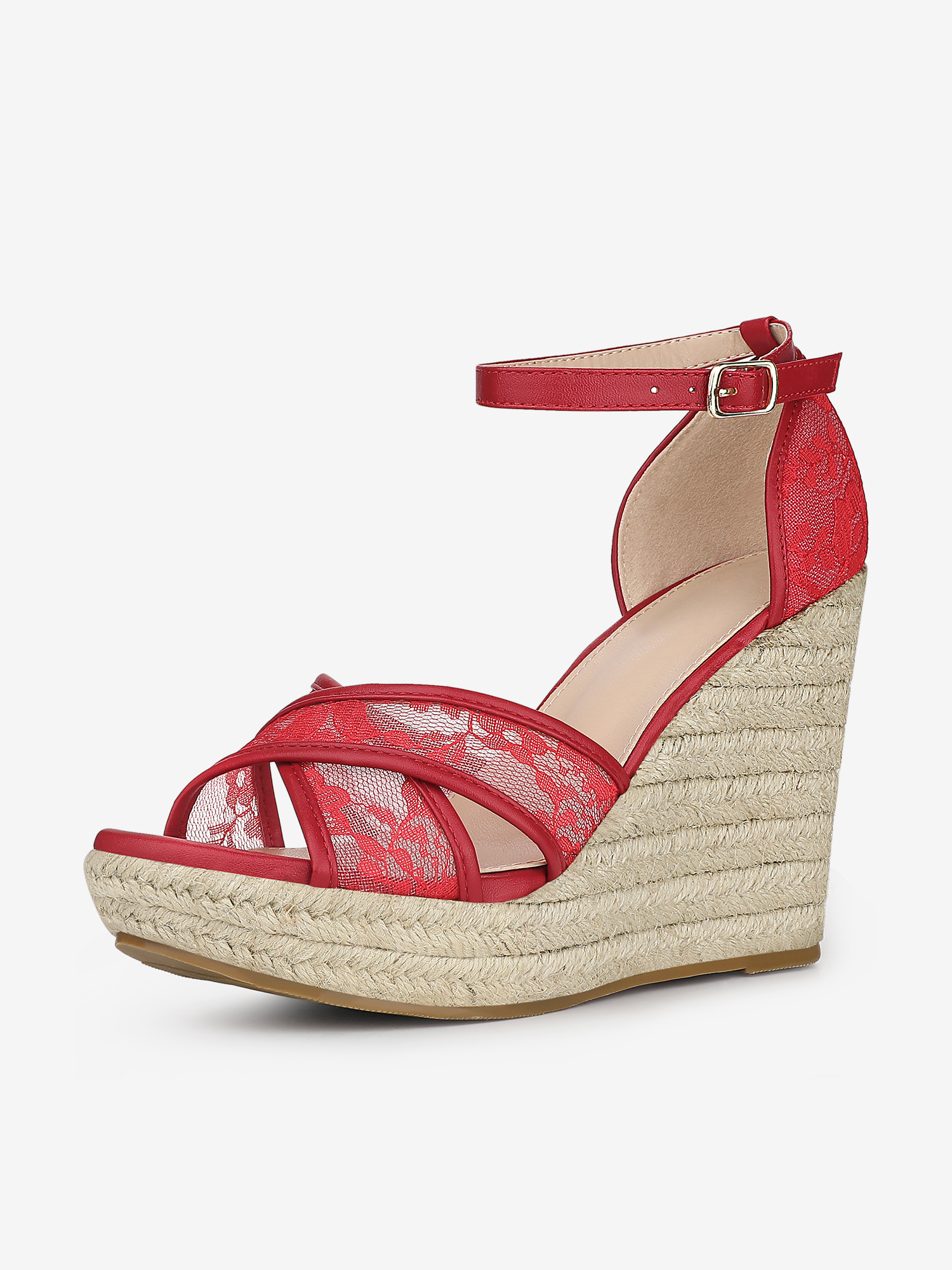 Lace Strapy Round Toe Espadrilles Wedges Sandals Red/7