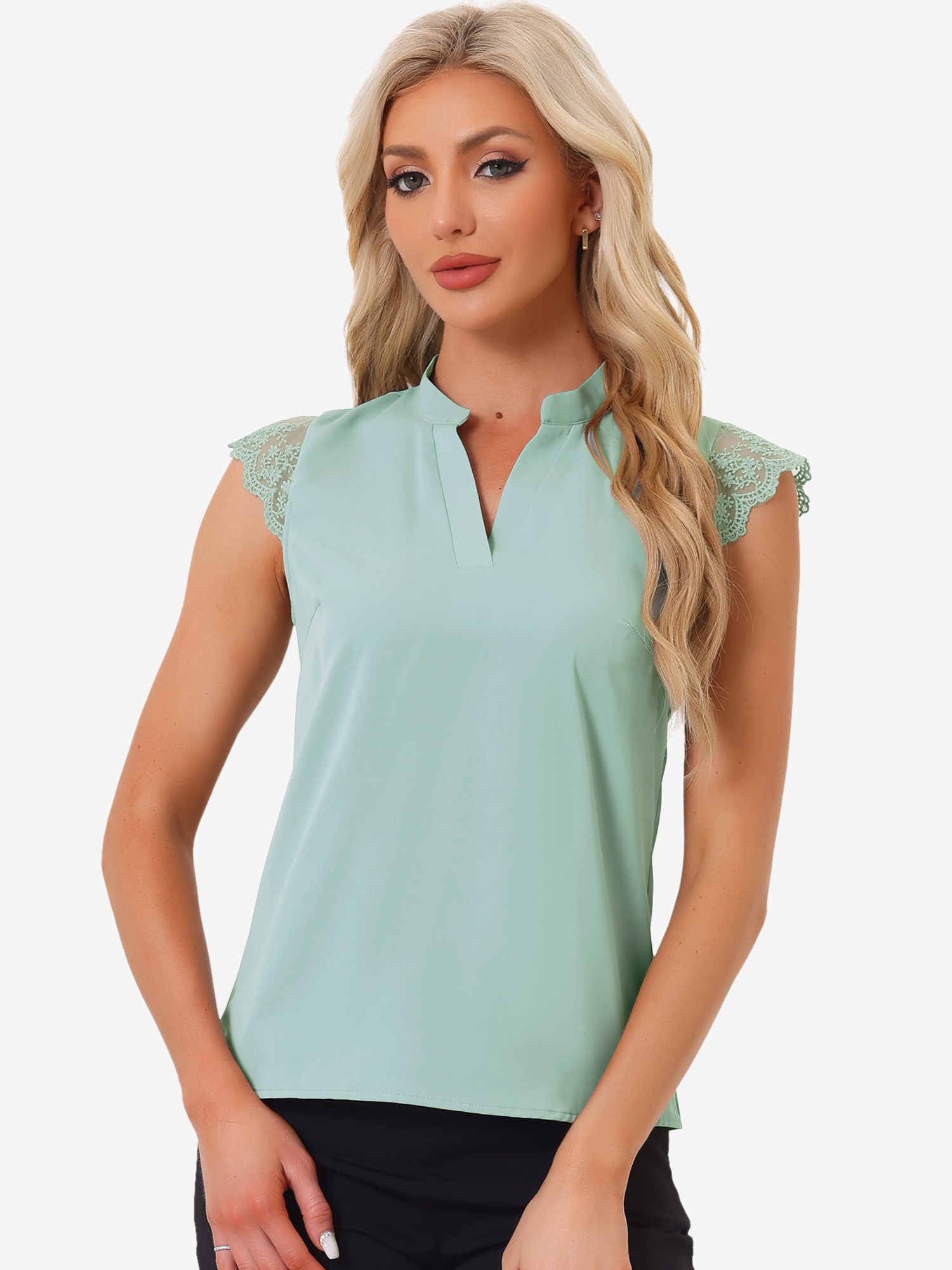 Work Top Office Lace Cap Sleeve Basic Shirt Blouse Pea Green/M