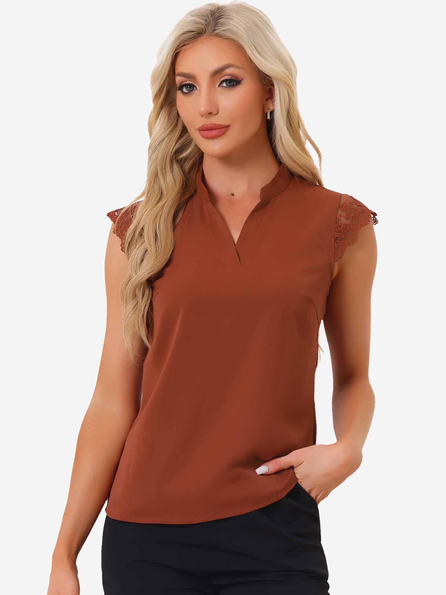 Work Top Office Lace Cap Sleeve Basic Shirt Blouse Brown Red/M
