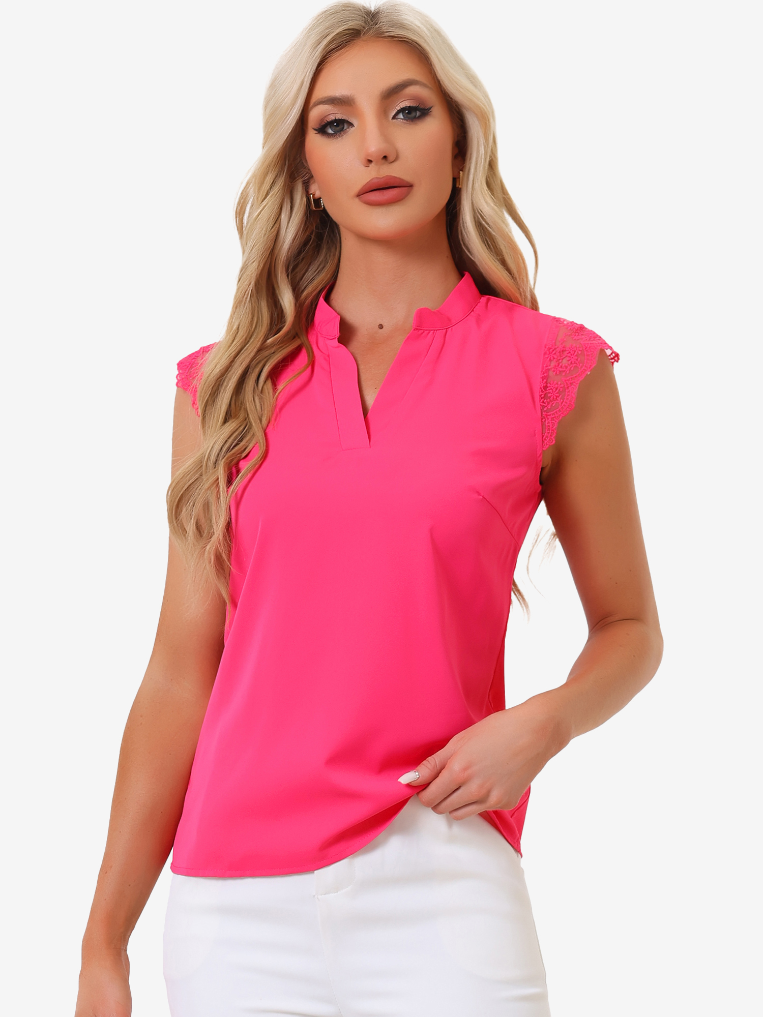 Work Top Office Lace Cap Sleeve Basic Shirt Blouse Hot Pink/M
