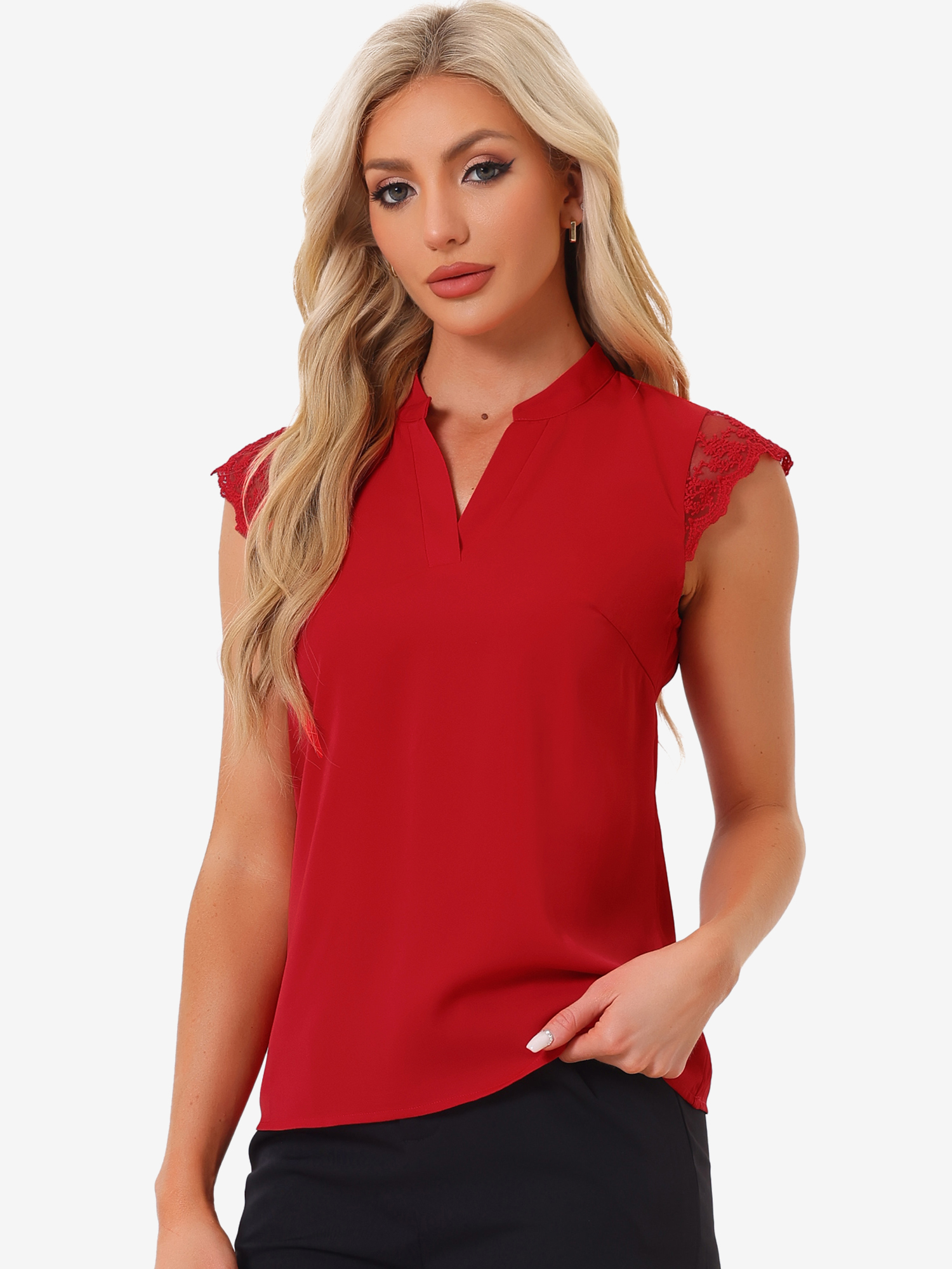 Work Top Office Lace Cap Sleeve Basic Shirt Blouse Bright Red/S