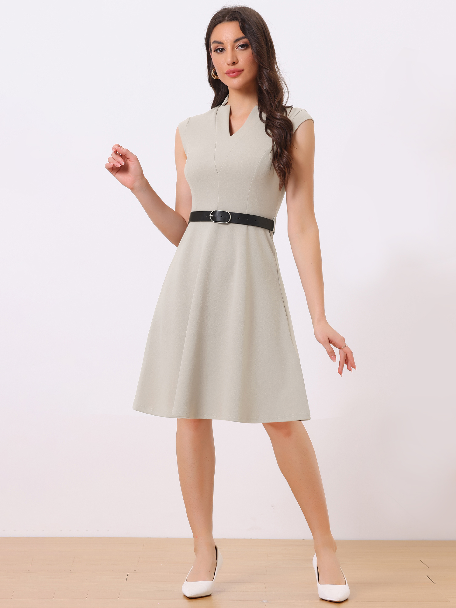 Office V Neck Work Sleeveless A-line Midi Solid Belted Dress Grey/XL