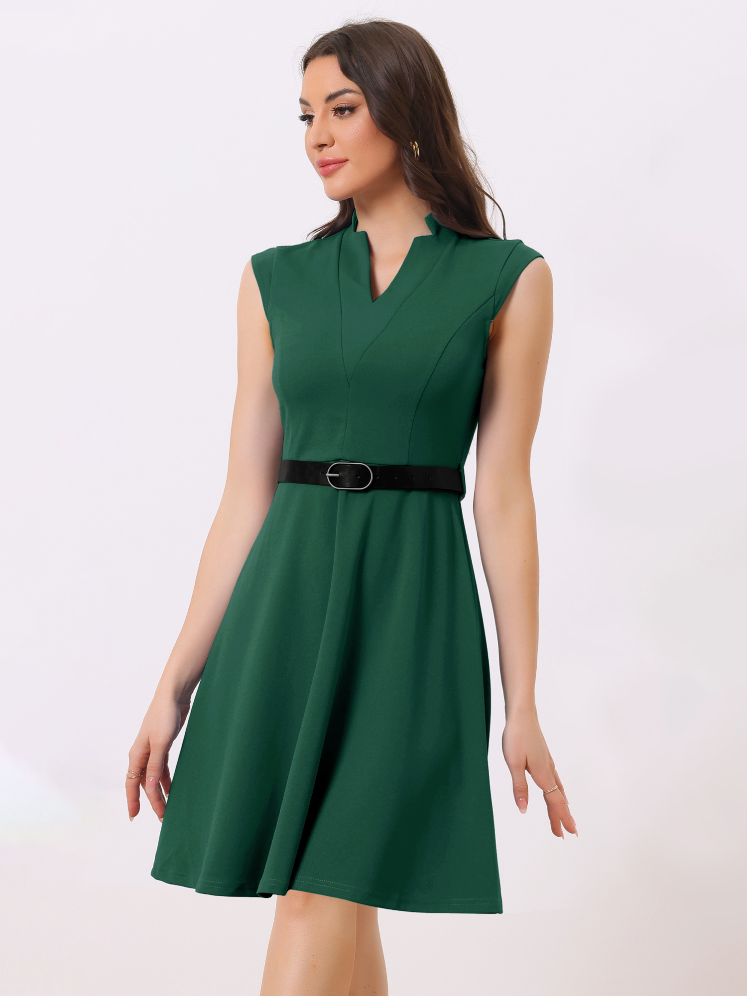 Office V Neck Work Sleeveless A-line Midi Solid Belted Dress Green/L
