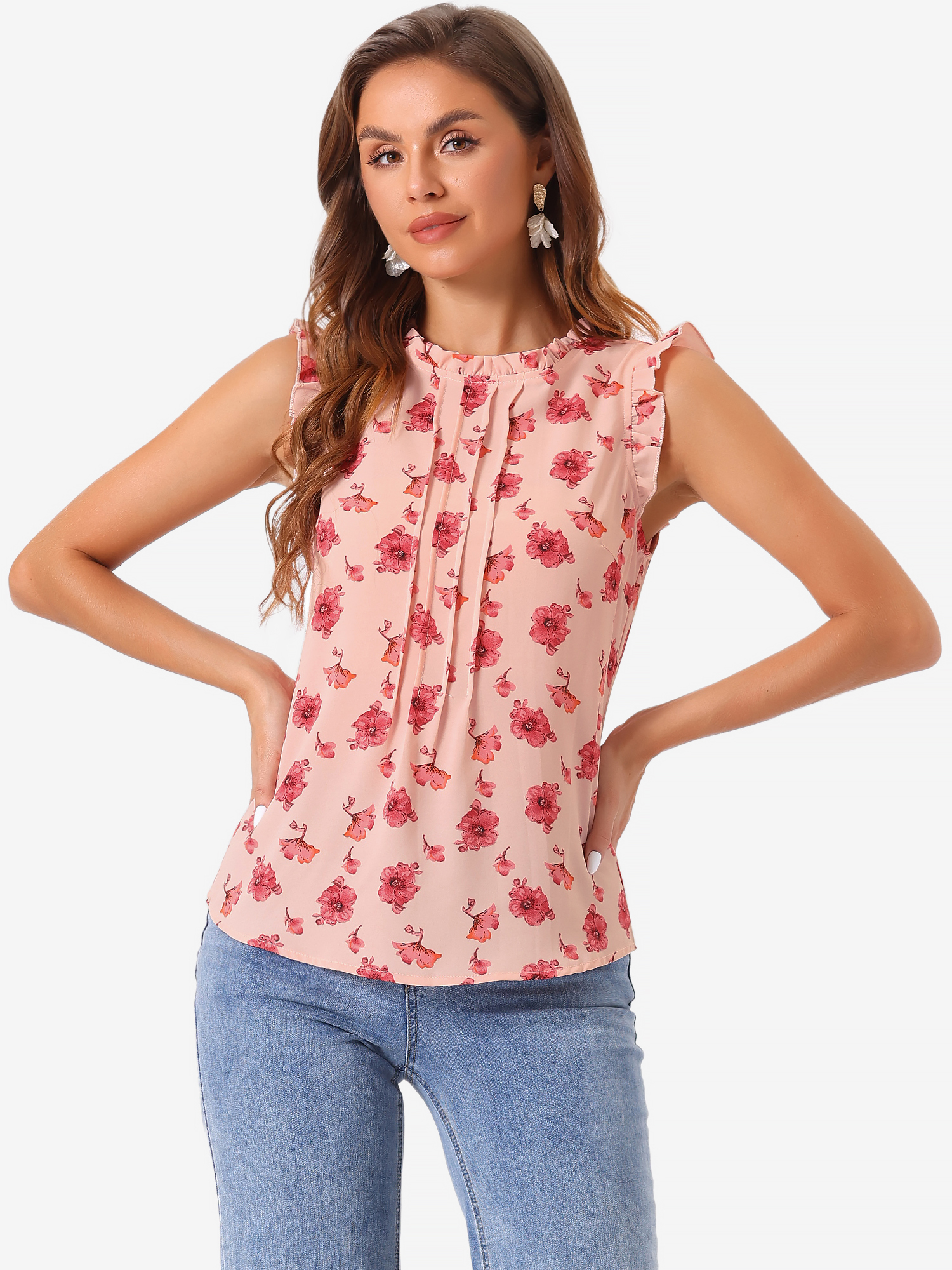 Ruffled Floral Casual 1950s Retro Sleeveless Blouses Pink-Floral/L
