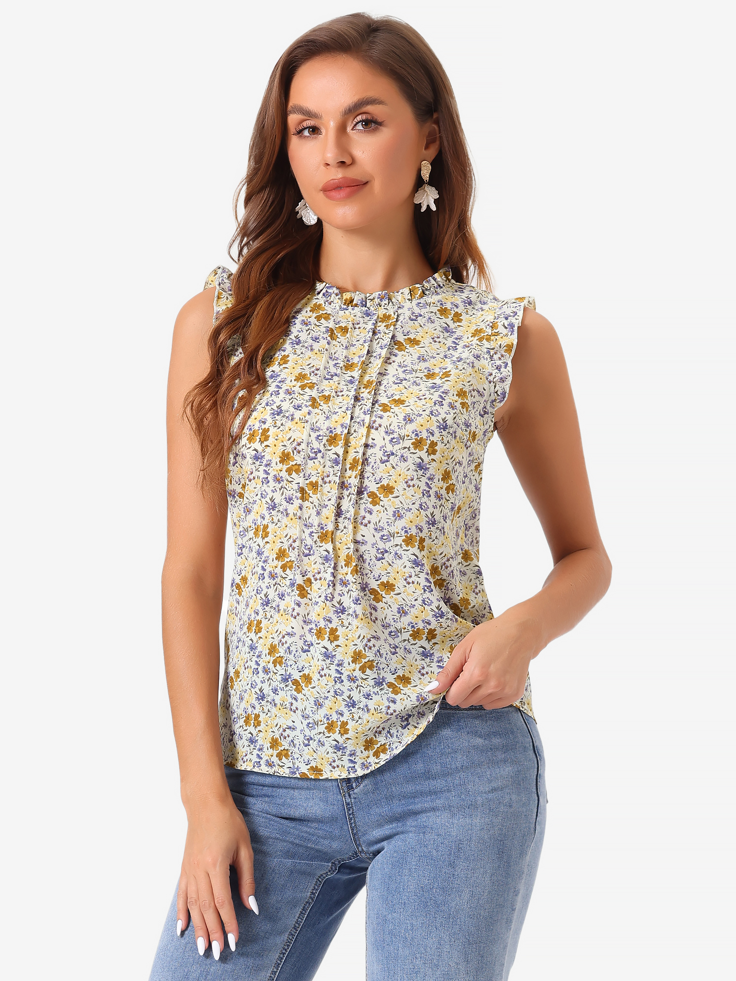 Ruffled Floral Casual 1950s Retro Sleeveless Blouses Beige Purple-Floral/S