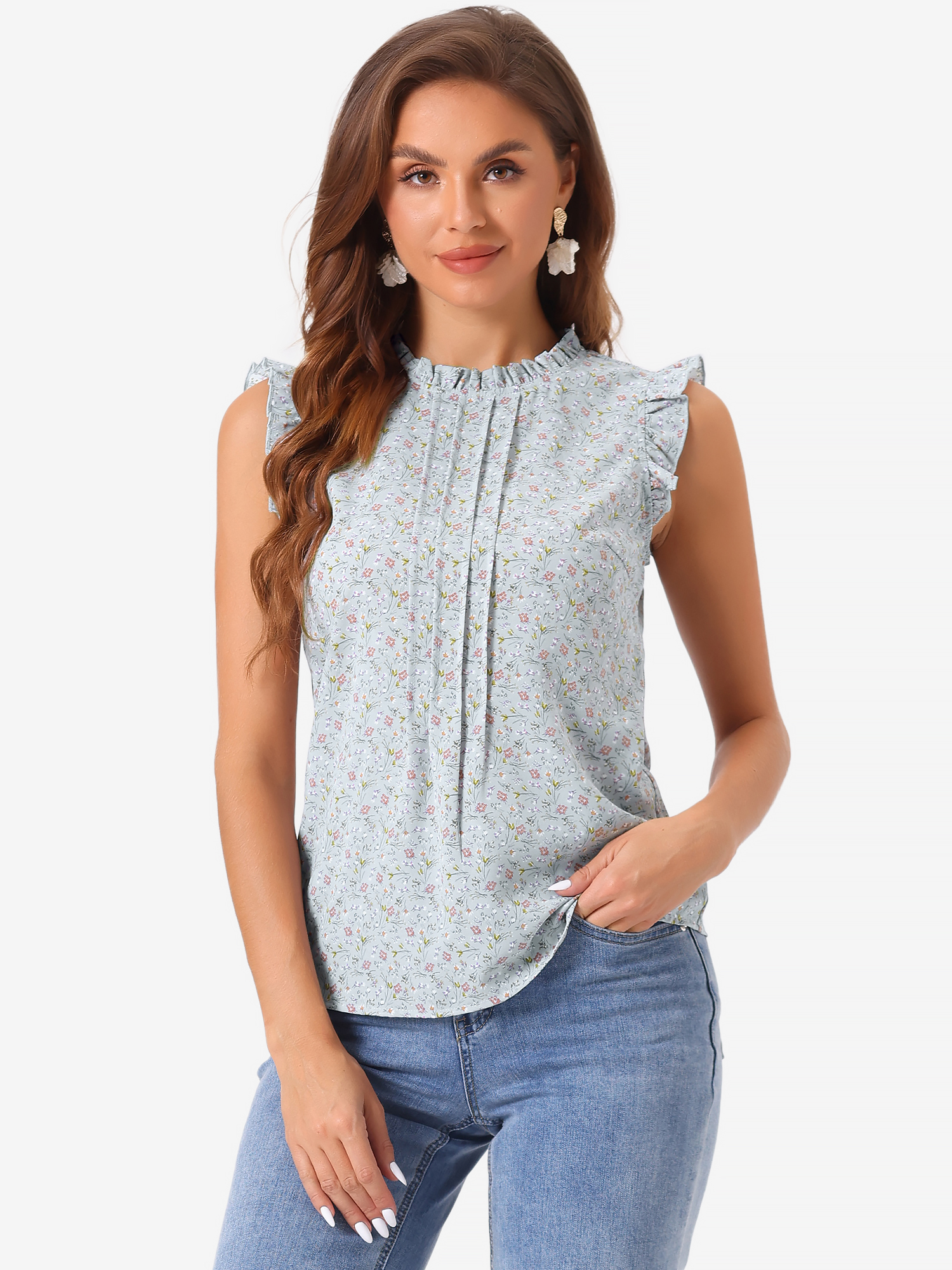 Ruffled Floral Casual 1950s Retro Sleeveless Blouses Light Blue-Floral/L
