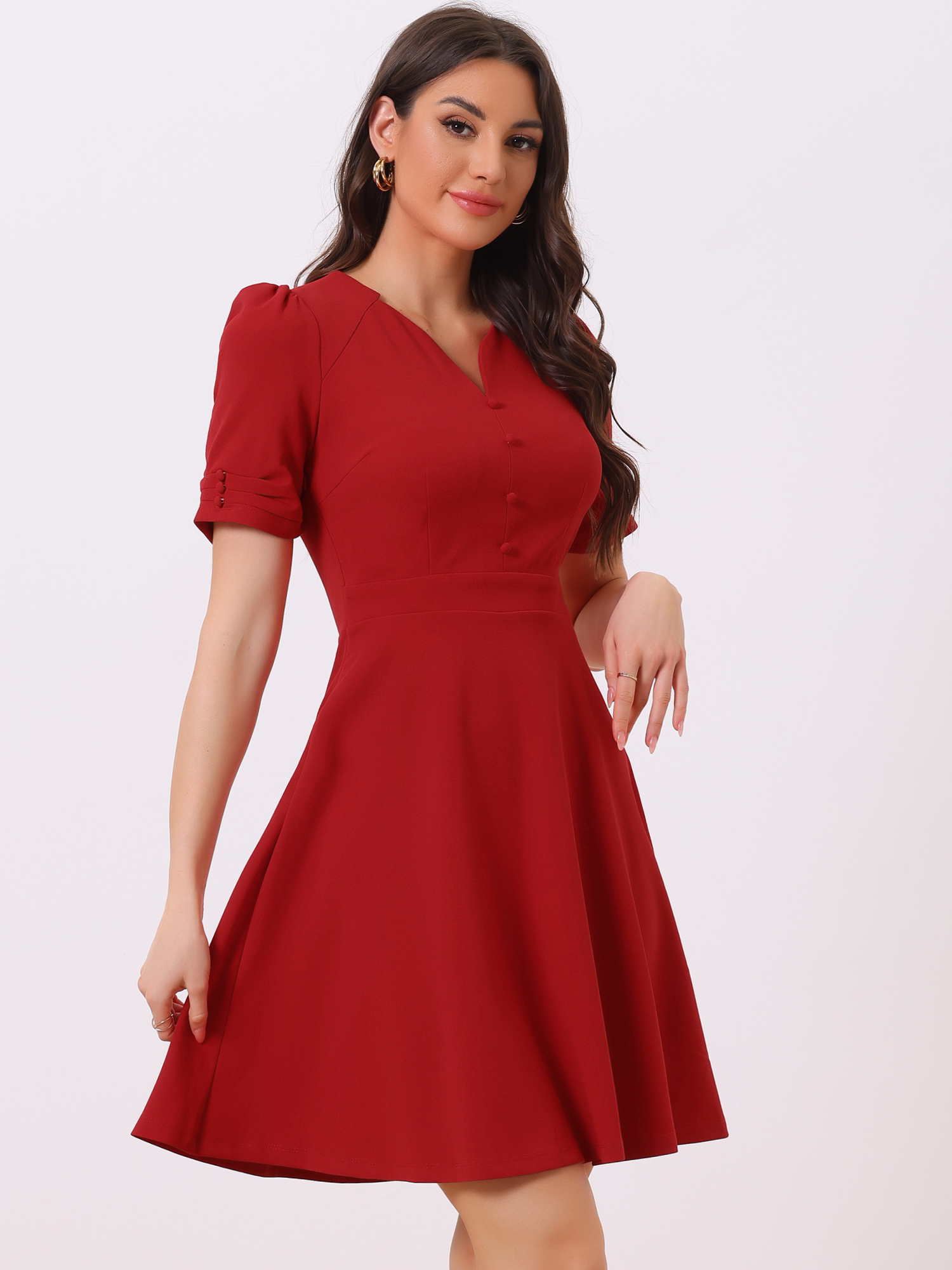 Elegant Short Puff Sleeve V Neck A-Line Zipper Side Office Dress Red/XL