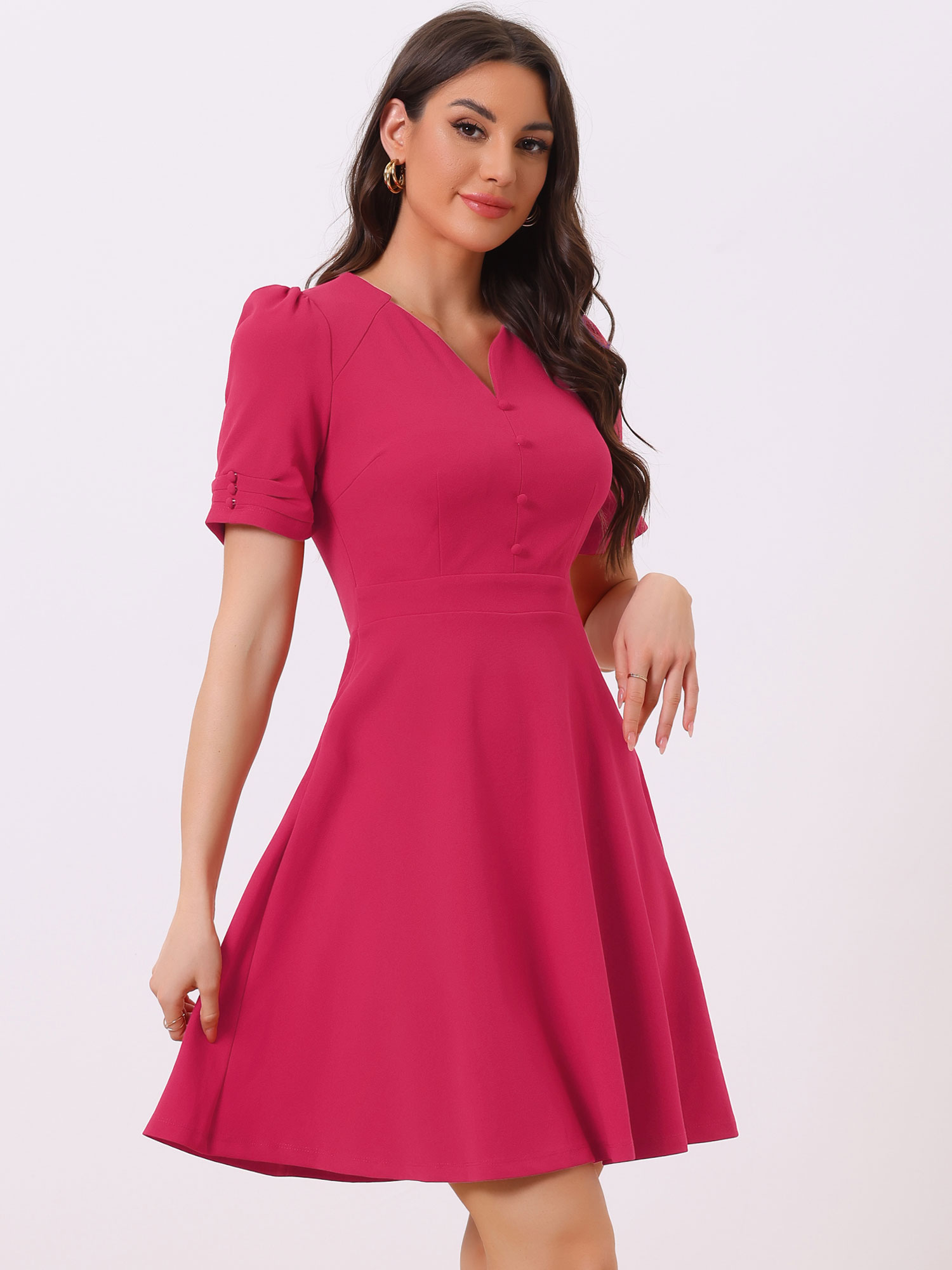 Elegant Short Puff Sleeve V Neck A-Line Zipper Side Office Dress Hot Pink/XS