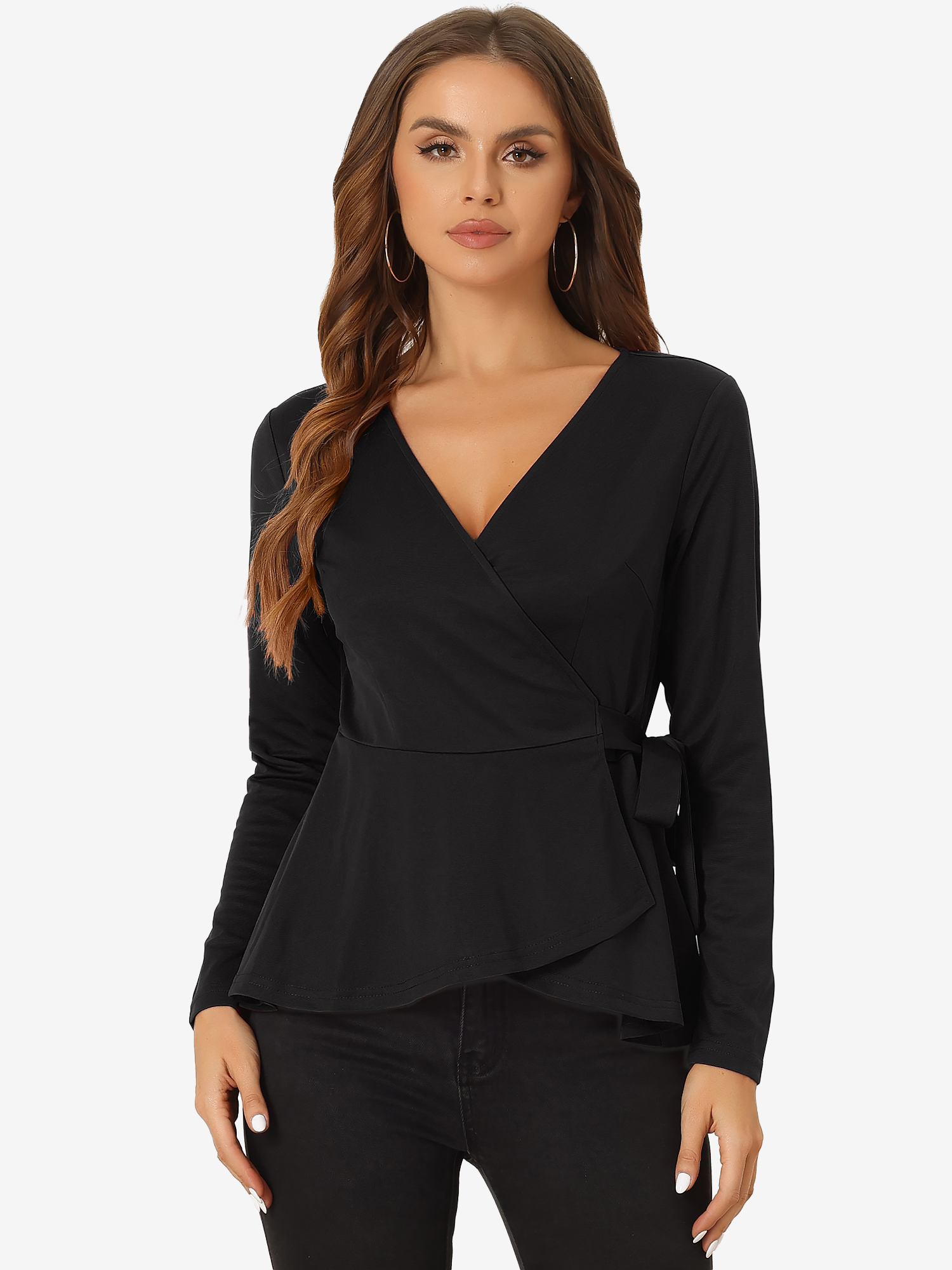 Casual Wrap Peplum V Neck Long Sleeve Tie Waist Knit Blouse Black/L