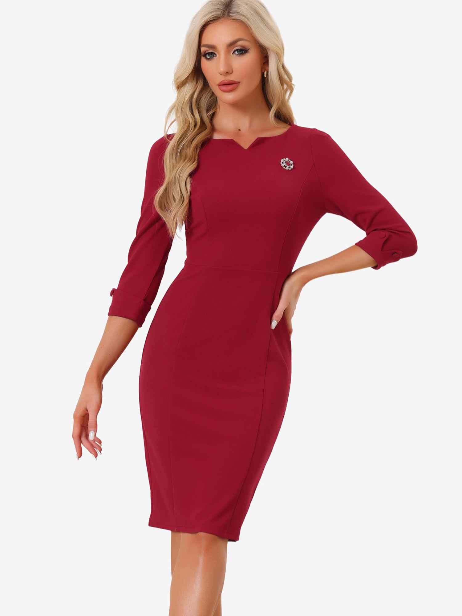 3/4 Sleeve Notch Neck Slim Fit Work Pencil Midi Dress Burgundy/M